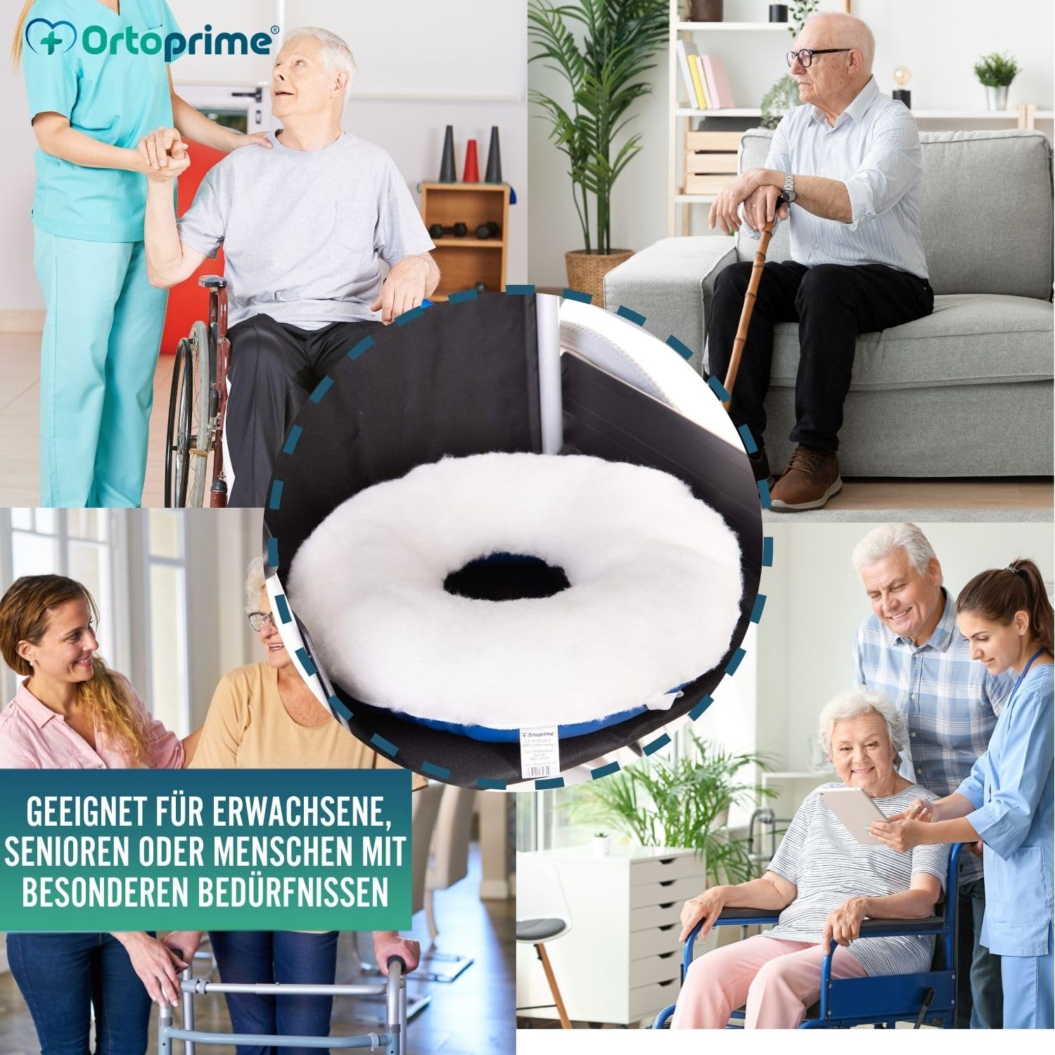 OrtoPrime Dekubitus Sitzkissen rund mit Aussparung - Antidekubitus Sitzring als Rollstuhlkissen - Ergonomisches Kissen für Rollstuhl - Büro - Auto - Zuhause