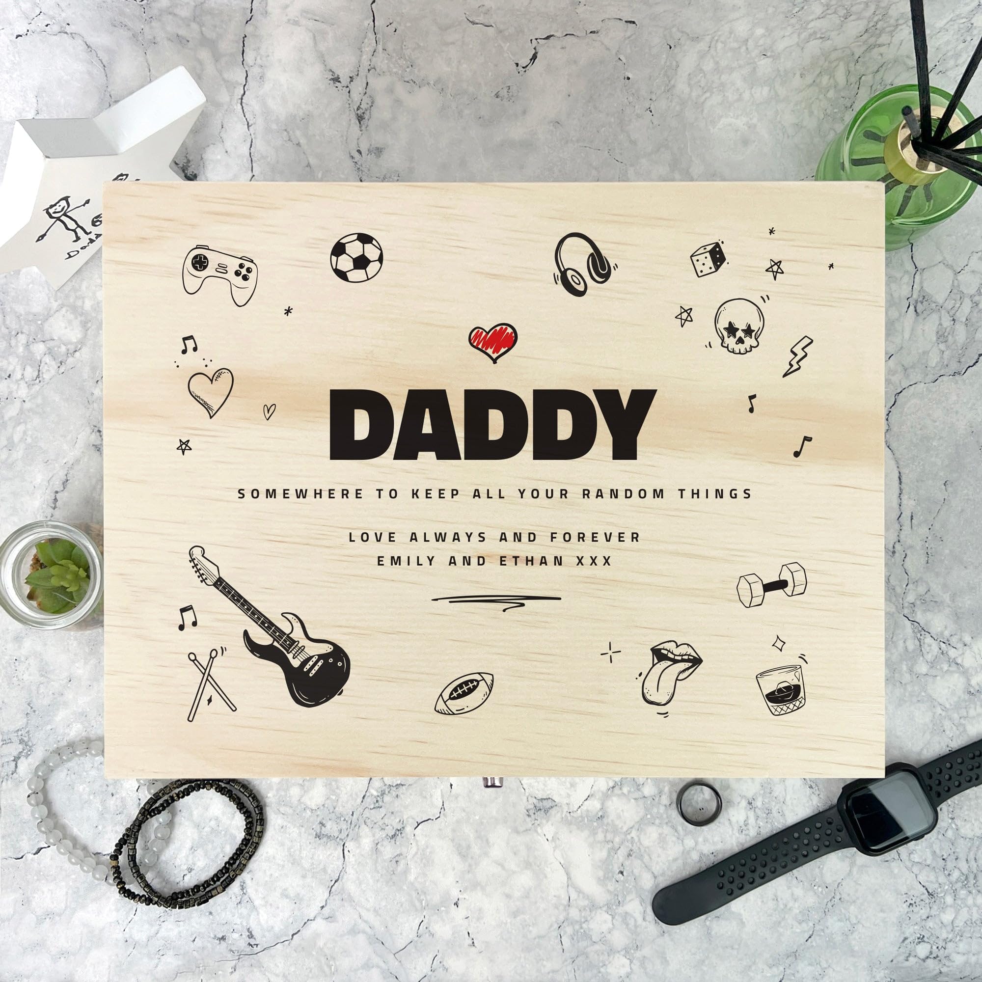 Caja de recuerdos personalizada de madera de pino con diseño de garabatos del día del padre, regalo del día del padre, caja de recuerdo de madera personalizada, añade tu propio texto, bisagras y