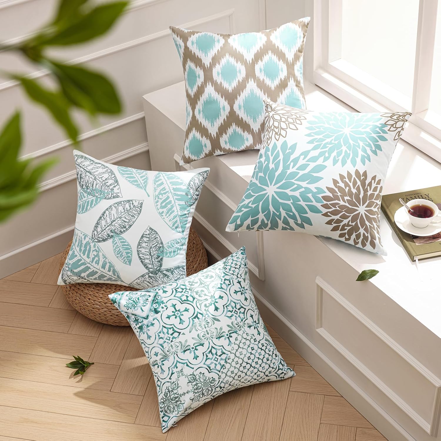 Phantoscope Set of 4 New Living Series Leaf Geometric Throw Decorative Pillow Cover Cushion Cover, Blue and Coffee, 22 x 22 inches, 55 x 55 cm