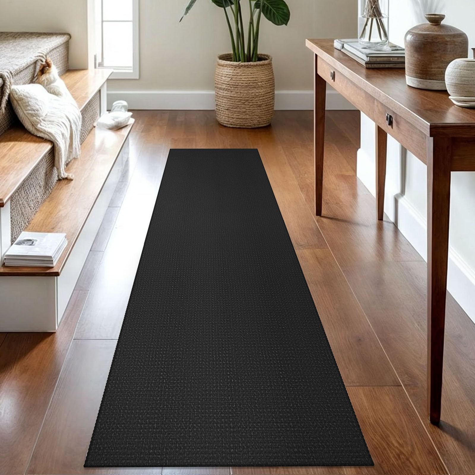 IOHOUZE Washable Runner Rug 2x8 Non Slip Rubber Backed Hallway Runner Entryway Runner Indoor, Kitchen Rugs Woven Cotton Floor Carpet for Kitchen Hall Entrance Bedroom, Black/Grey