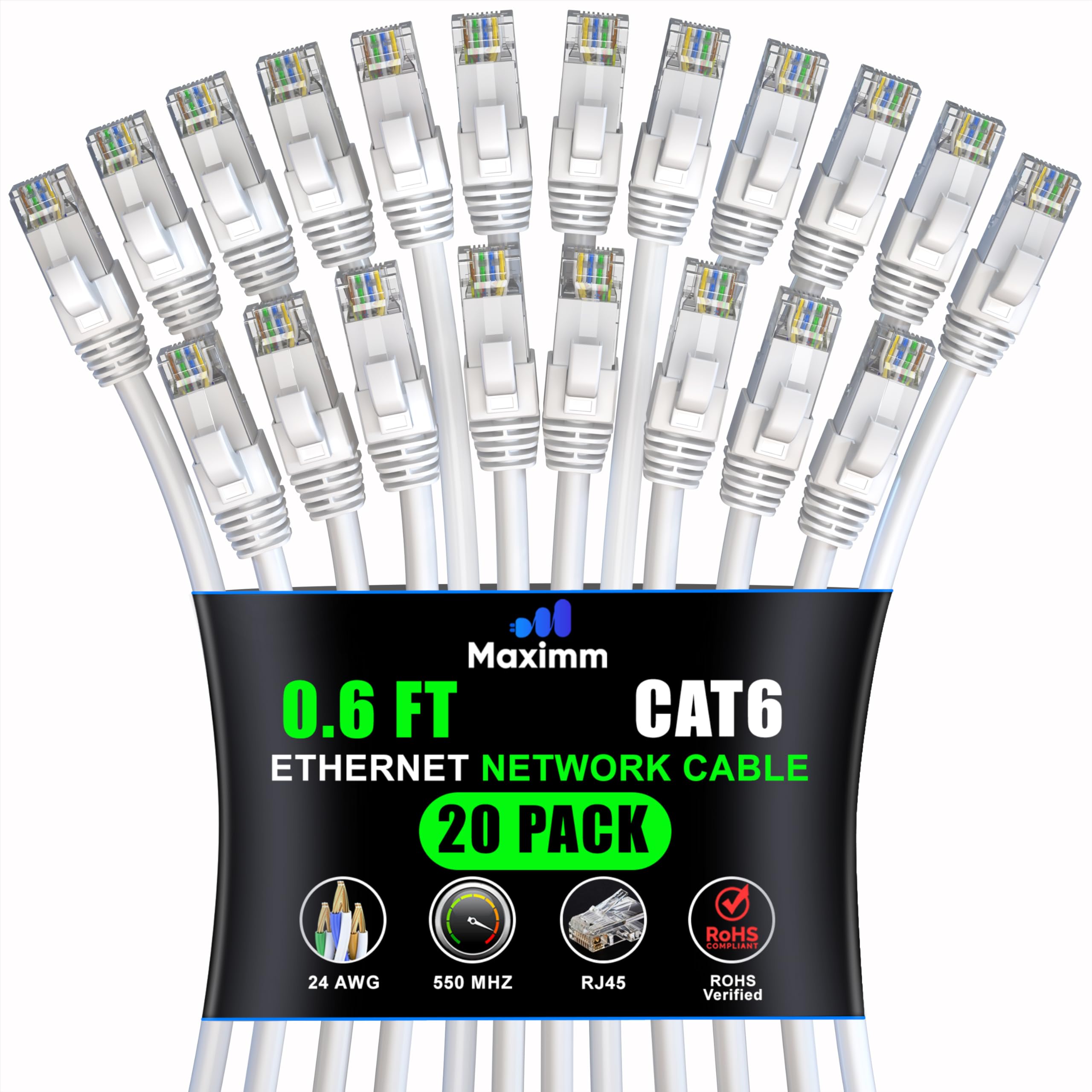 Cavo Ethernet Cat6 0,2 m (20,3 cm), cavo Ethernet CCA UTP, cavo LAN, cavo di rete, cavo Ethernet con connettori RJ45, supporta Cat6/Cat5e/Cat5, bianco (confezione da 20, 0,6 piedi)