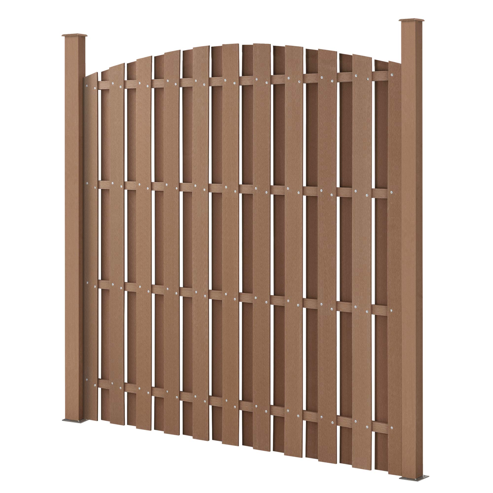 NEU.HOLZ Steccato ad Arco per Giardino Staccionata con Doghe e 2 Colonne in WPC Legno Composito Recinzione a Forma Curva con Base in Acciaio 185 x 193 cm - Marrone