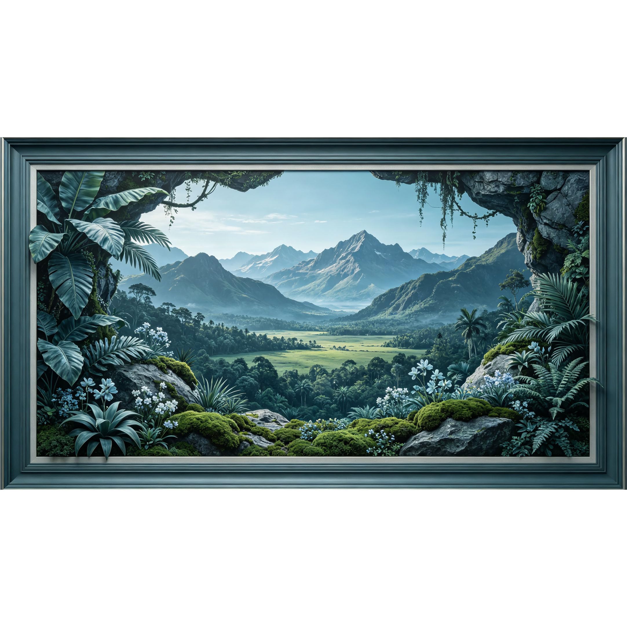 QZLITHOTIC 50×100cm 3D Framed Wall Art， Lush Tropical Jungle Mountain Landscape Self?Adhesive Mural， Water?Activated Peel & Stick Fabric Decor Wall Decal for Bedroom Living Room