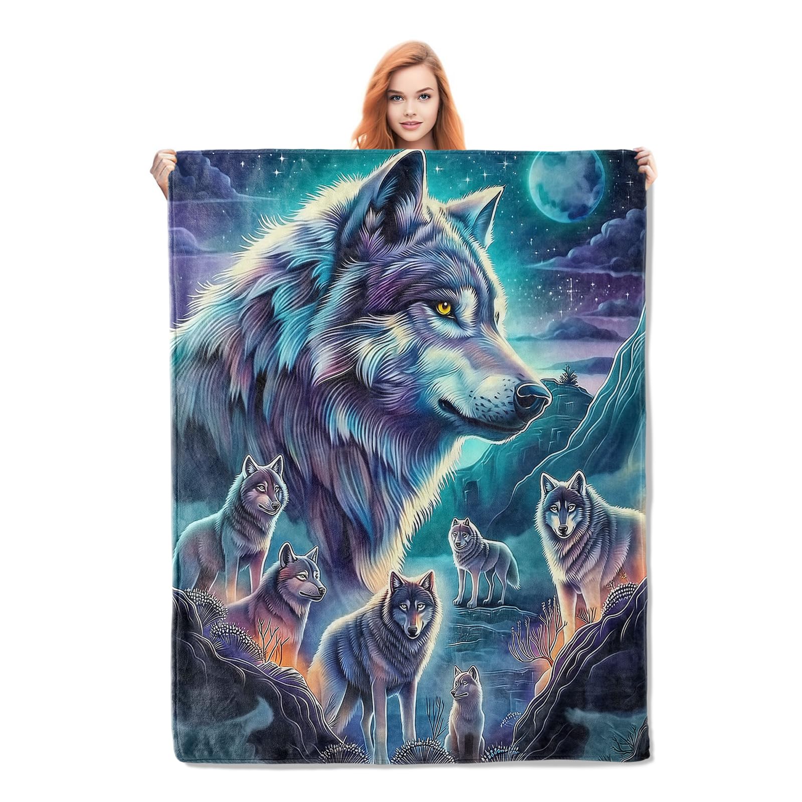 Couverture loup en peluche douce et chaude pour lit adulte et grand canapé bleu