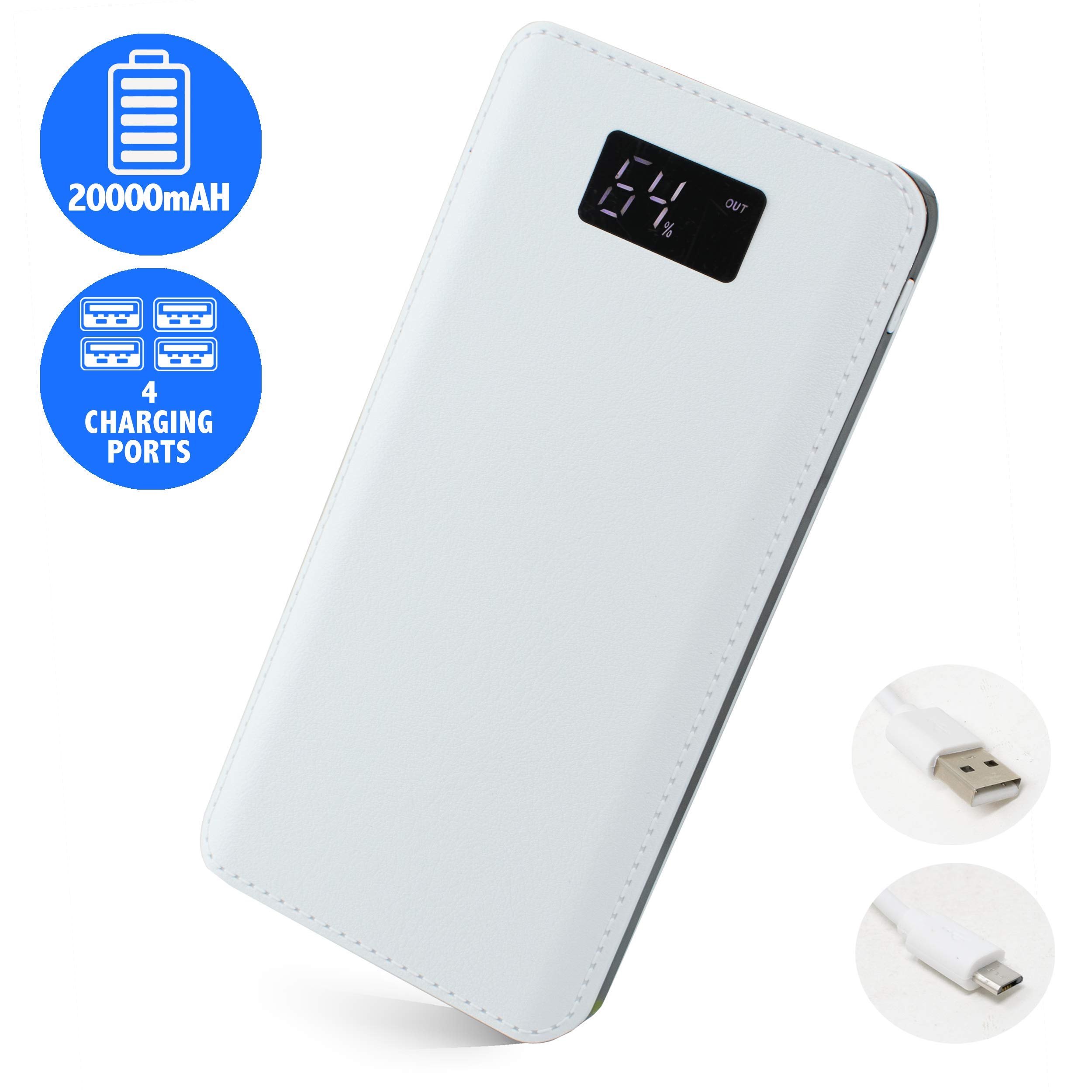 I-CHOOSE LIMITED WHITE + BLACK | 20000mAh Portable Charger | 4-PORT USB POWER BANK with LCD LED Display | Battery Backup Pack & Flashlight