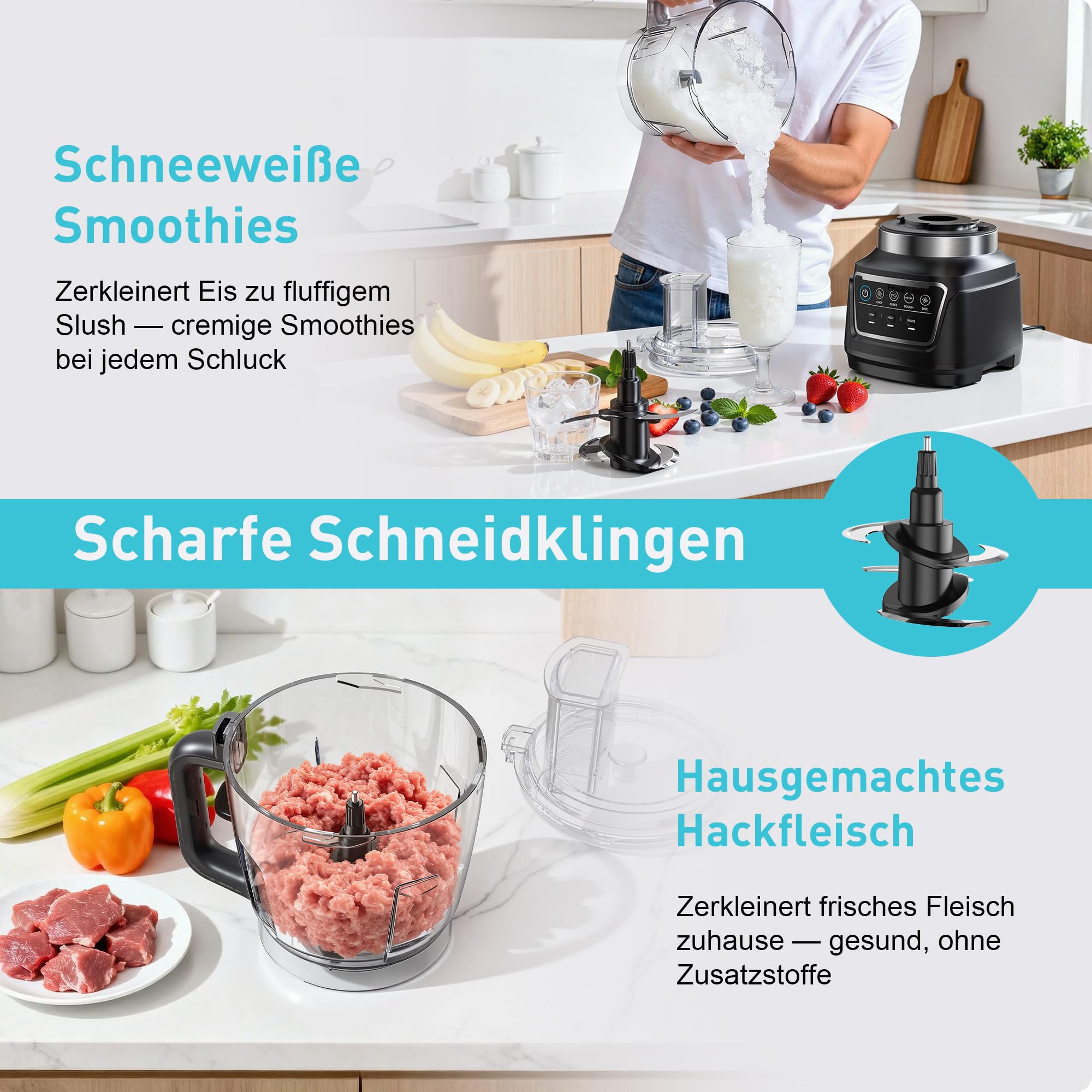 10-in-1 küchenmaschine und Mixer Kombination,1300w-Kompakt-Küchenmaschine für Schnitzel Universalmesser zum Zerkleinern von Fleisch/schneiden und raspeln/Teig/Smoothies Spülmaschinenfest