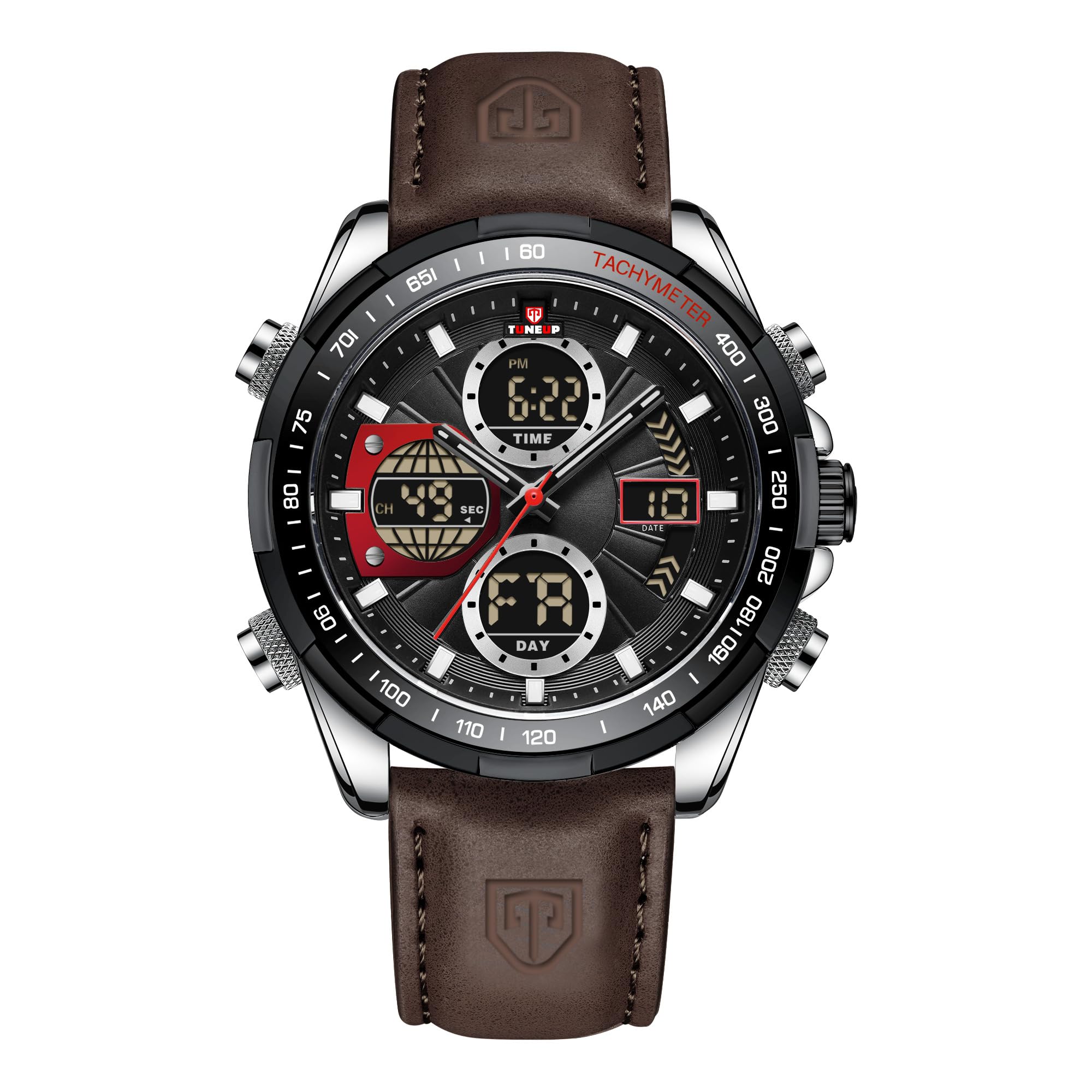 TUNEUP Men's Military Digital Watches Analog Quartz Waterproof Watch Sport Multifunctional Leather Wristwatch (SWBK)