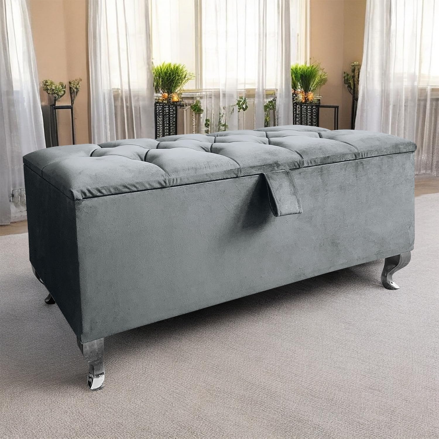 Harveys Living Ottoman Storage Box - Diamond Button Style Engineered Wood Luxurious Plush Velvet Ottoman Storage Bench - (Grey Plush, Legs)