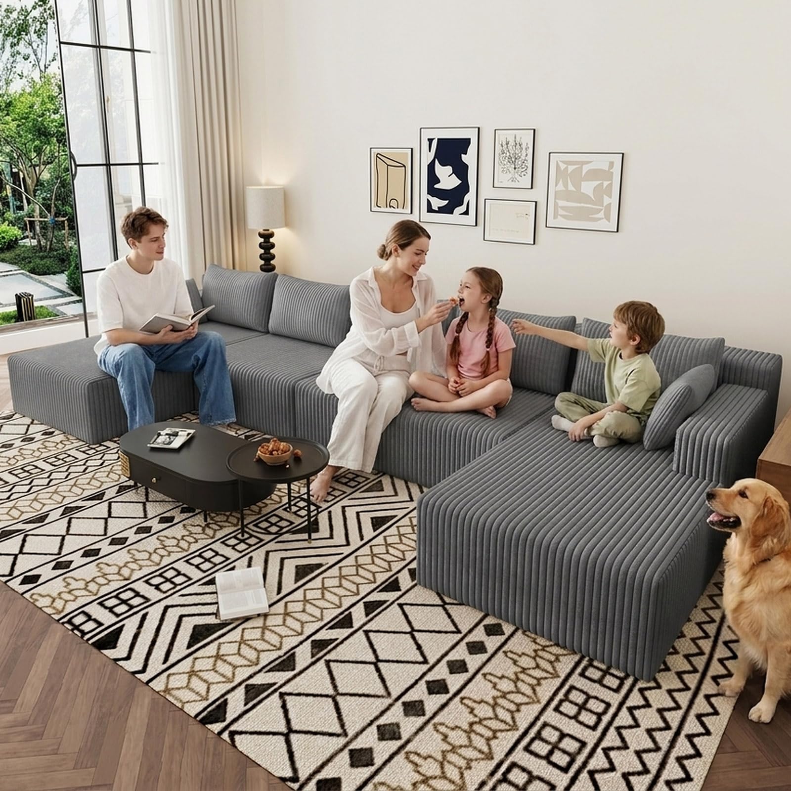 160" U-Shape Cloud Couch, Modern Modular Sectional U-Shape Sofa, Corduroy Boneless Couch Upholstered Couches Deep Seat Sleeper Chaise Longue for Living Room, No Assembly Required,Light Gray