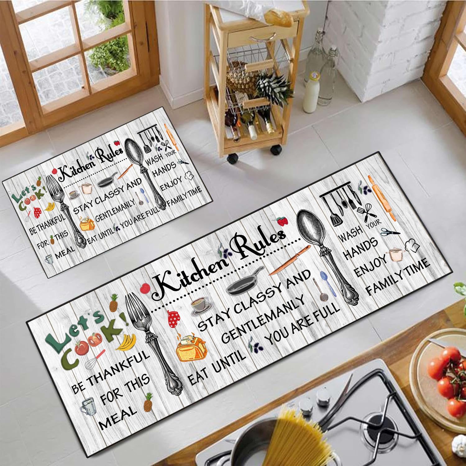 Farmhouse Kitchen Rug 2 Piece Set,Rustic Vintage Style Theme Decor Kitchen Rugs, Absorbent Washable Non-Slip Floor Mats 17x30+17x47 Inches (Kitchen Rules White, 17 * 30+17 * 47 Inches)