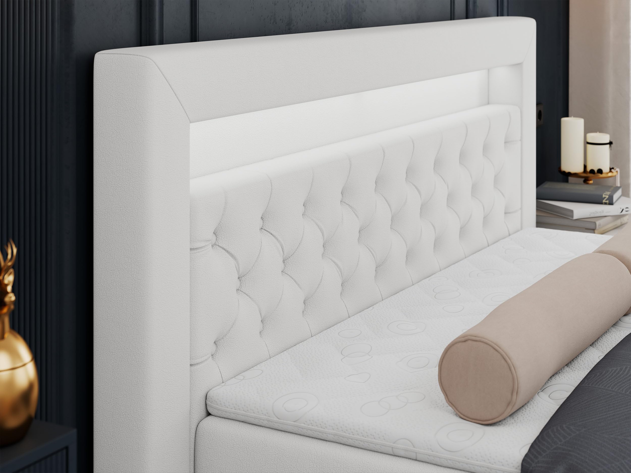 MKS MEBLE Boxspringbett 180x200 mit Led Weiß Kunstleder, Bett 180x200 mit LED Kopfteil, Multipocket Matratze H3, Doppelbett mit Bettkasten Stauraumbett - Gold-6 - Weiß Kunstleder