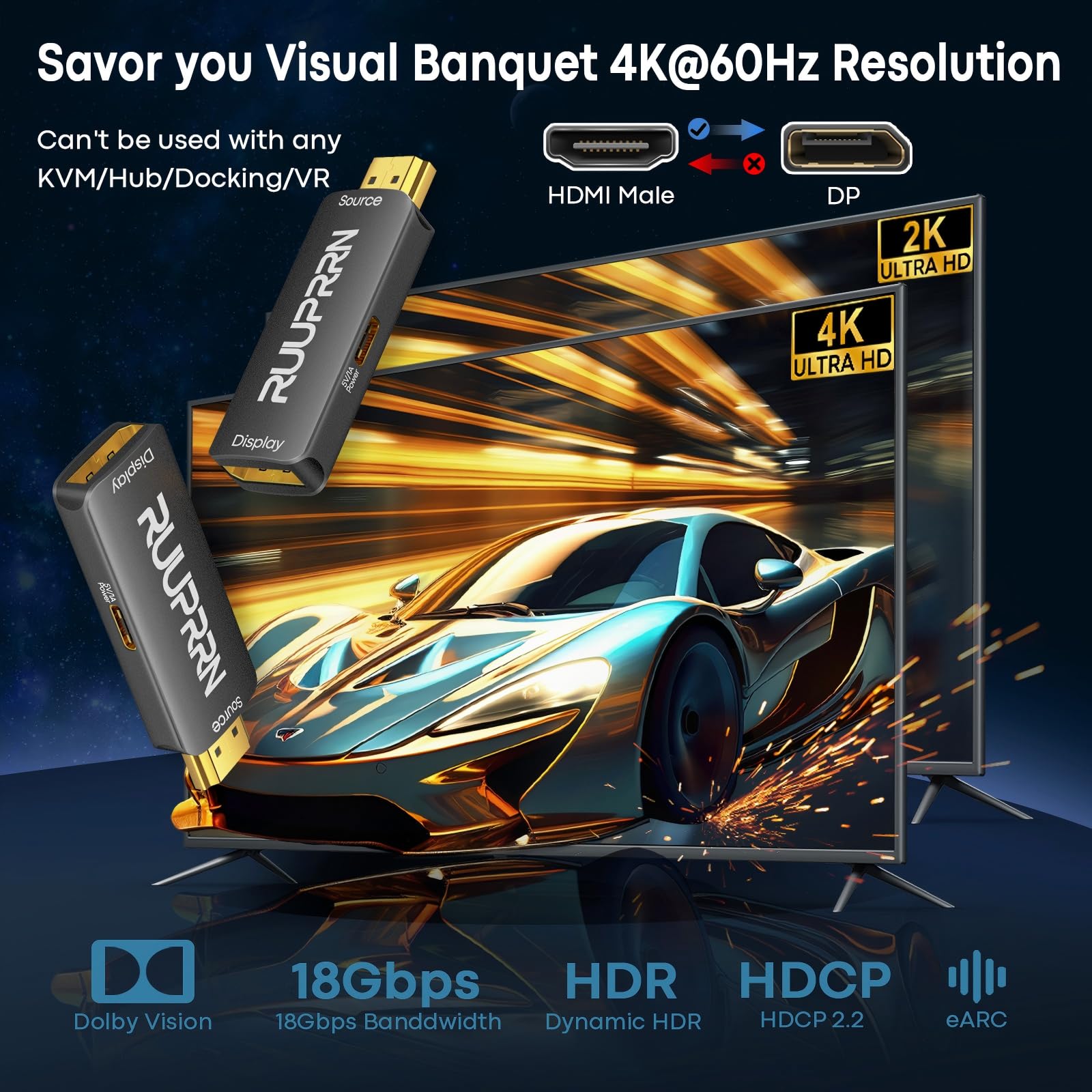 Adaptateur HDMI vers DisplayPort (4K60Hz) Source HDMI vers port d'affichage convertisseur Displayport 1.2 femelle vers HDMI 2.0 mâle compatible avec ordinateur portable, AMD, NVIDIA, PS5, Xbox