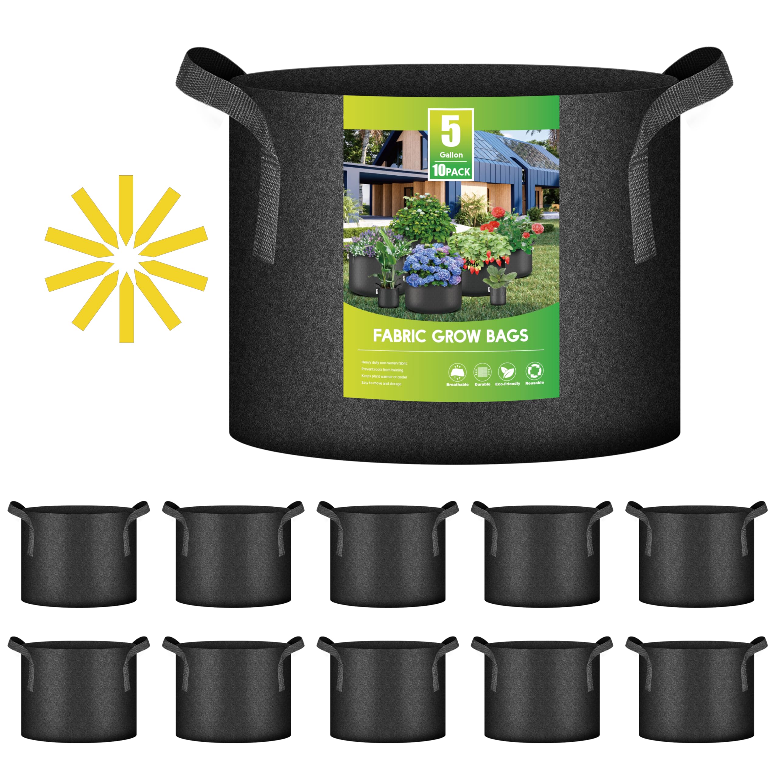 iPower pogrubione torby uprawowe: zestaw 10 sztuk, donice z włókniny o pojemności 18,9 l, przepuszczalne dla powietrza, z paskami do przenoszenia, do ogrodu i sadzenia, kolor czarny