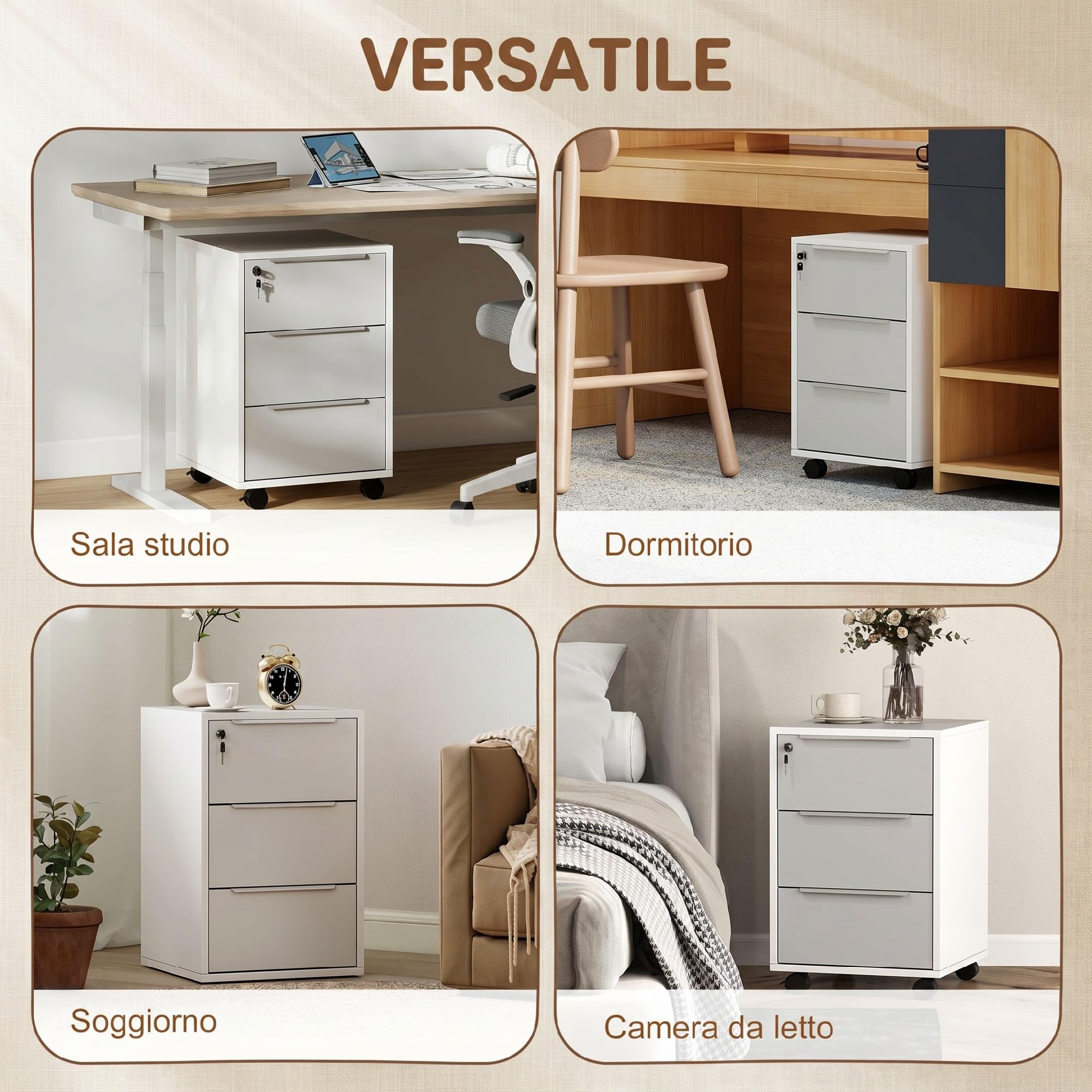 HOMCOM Schedario da Ufficio con 3 Cassetti 40x40x63.5 cm Bianco e Grigio | 4 Ruote, Cassettiera Ufficio, Serratura con 2 Chiavi, Documenti Lettera/A4, Armadietto Verticale da Studio