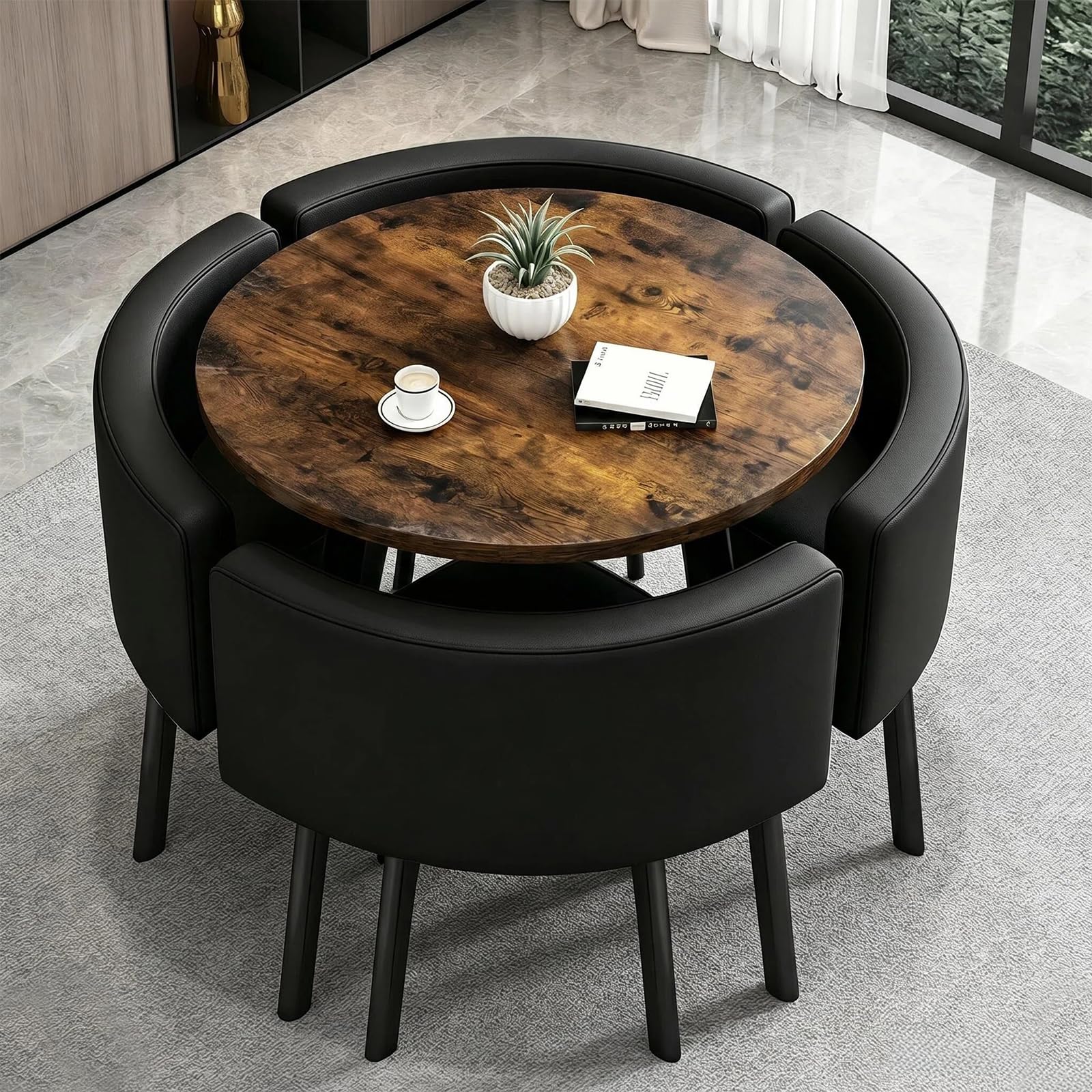 Runder Esstisch mit 4 Stühlen - Essgruppe 5-Teilig Komplettset - Küchentisch Sitzgruppe für für Küche/Esszimmer - Wohnzimmer und Büro 4-6 Sitzplätze (Walnut)