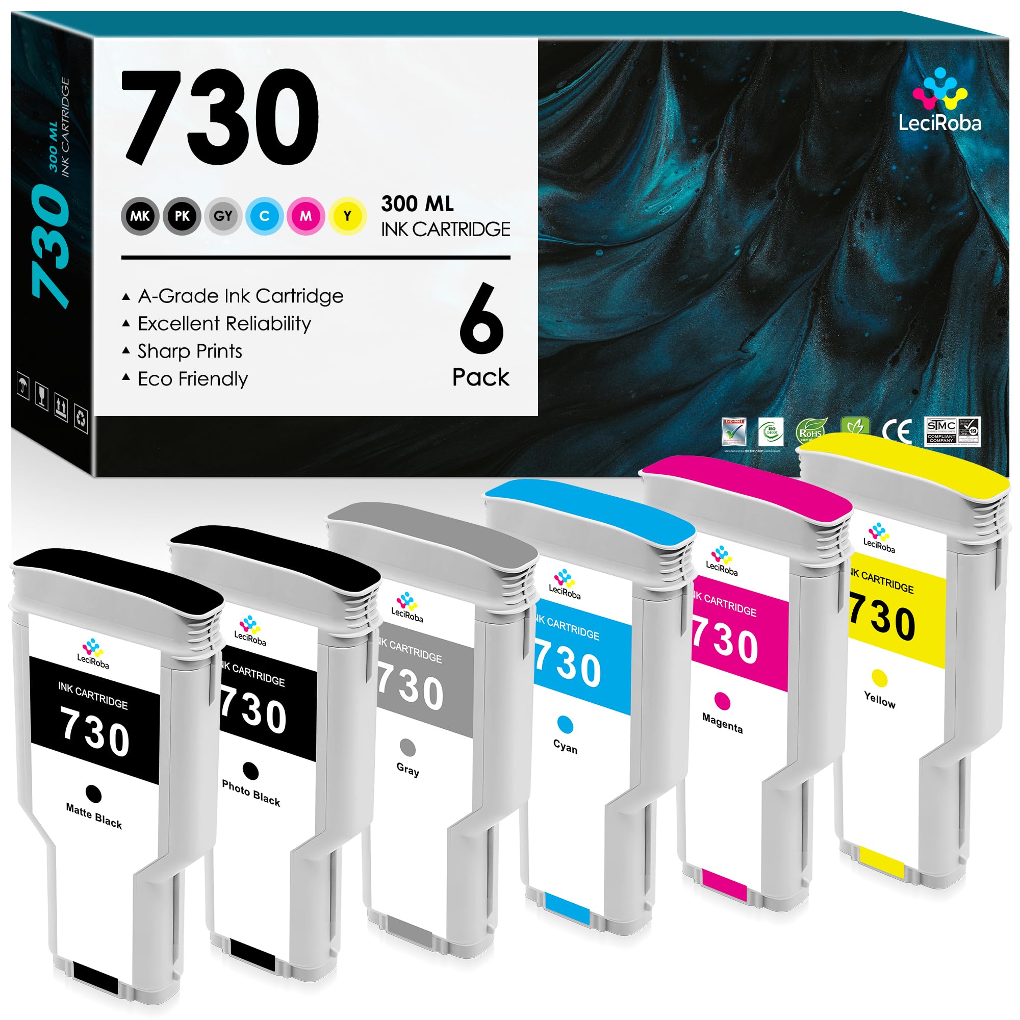 Photo 1 of **PICS UPDATED6/23***FACTORY SEALED INTERNAL PACKAGING**IF THE PACKAGES ARE OPENED FROM FACTORY SEAL THEY CAN NOT BE RETURNED*NO REFUND WILL BE GIVEN***LeciRoba 730 Ink Cartridge 300ml P2V68A P2V69A P2V70A P2V71A P2V72A P2V73A 730XL Replacement for HP 730