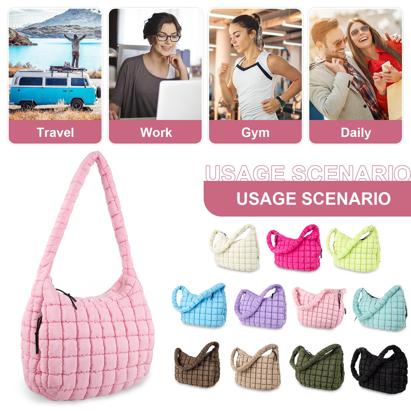 Bolso de mano acolchado tipo hobo de nailon ligero para mujeres y niñas