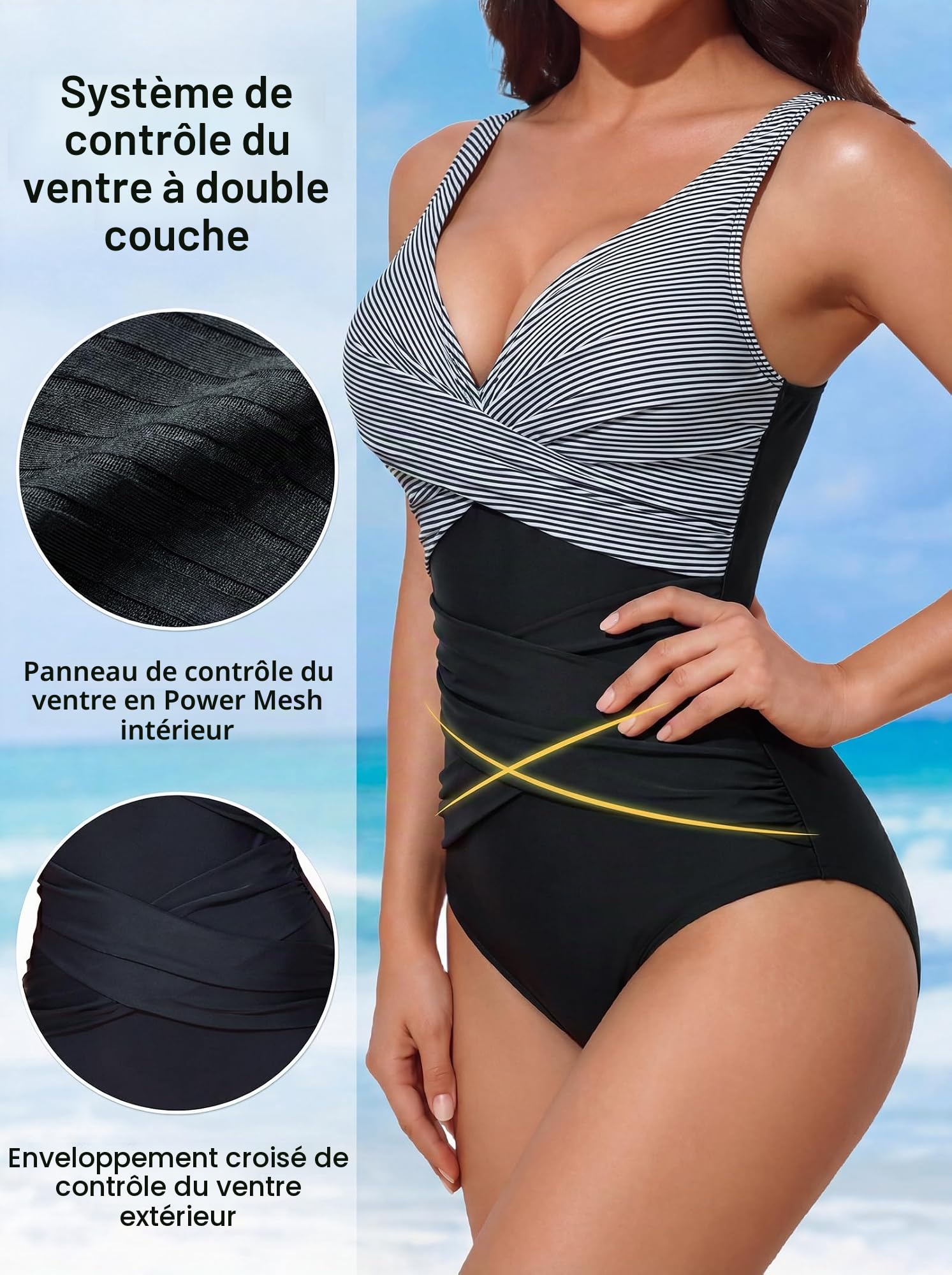 Smismivo Maillot de Bain Une pièce pour Femme Le contrôle du Ventre Push up Maillot de Bain Femme 1 Pieces Amincissante Slim Elégant Vintage Ruché Effet Halter Rembourré Swimsuit