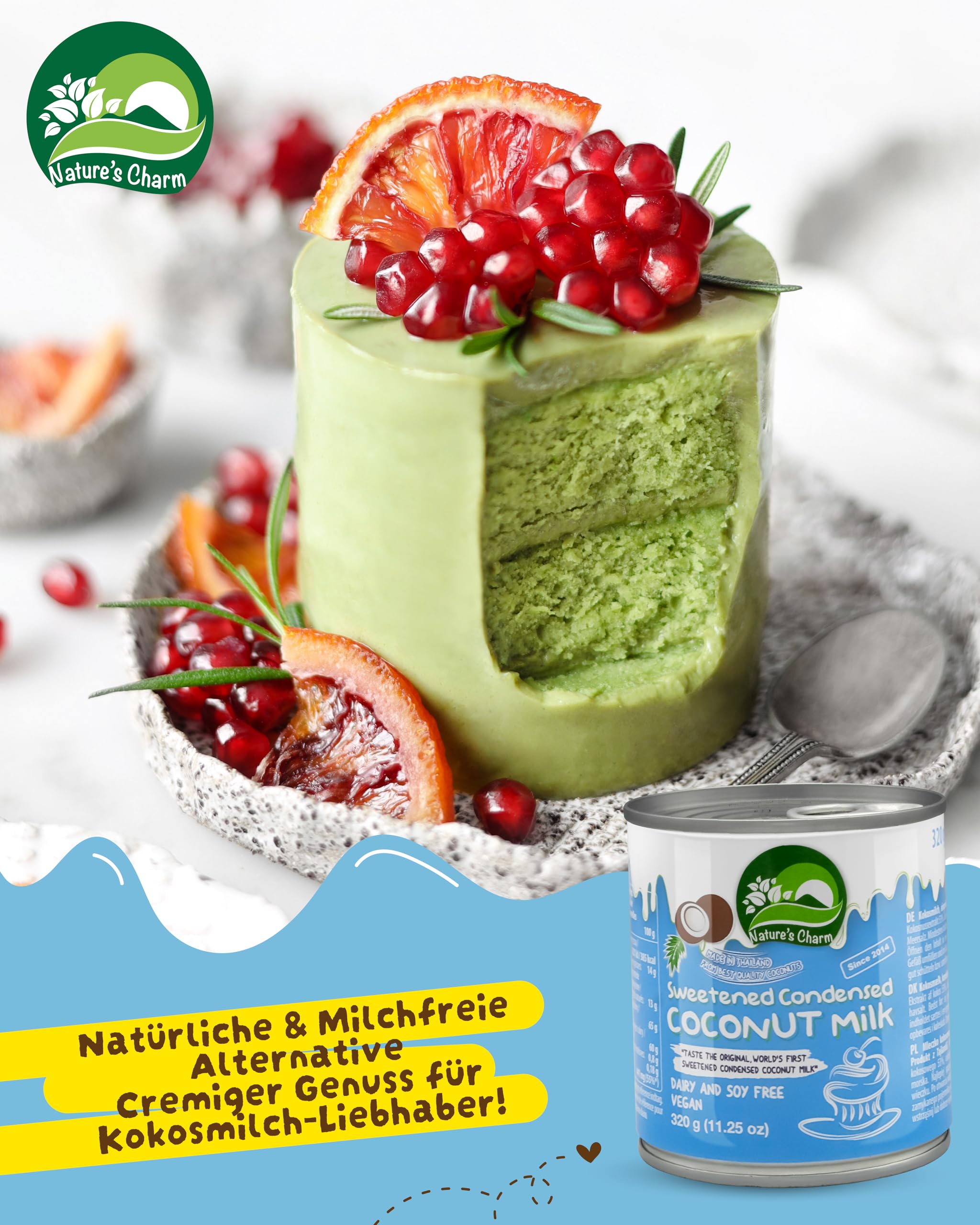 Nature’s Charm eingedickte, gesüßte Kokosnussmilch I Vegane Kokosmilch mit cremiger, aromatischer Konsistenz I Ideal zum Backen, für Desserts, Kaffee und Tee I 6 x 320 g