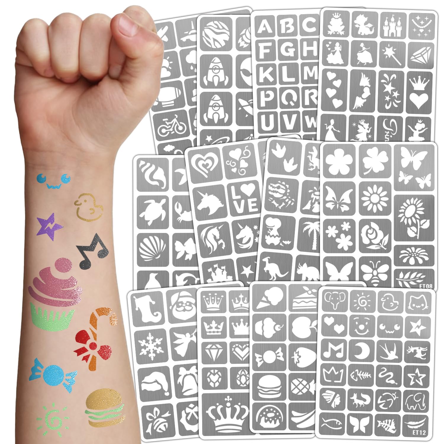183 PCS Temporary Tattoos Stencils for Kids, Boys Girls Glitter Tattoo Stencils Kit, Body Face Paint Stencils Template for Kids School Show Birthdays Christmas Halloween Party Supplies