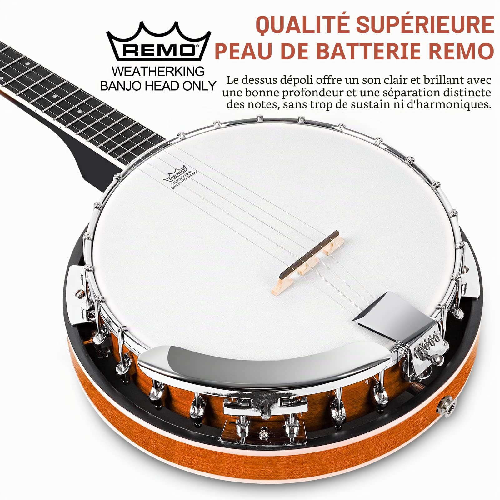 Vangoa Banjo 5 cordes avec peau Remo Dos Solide Fermé avec Kit de Débutant, Accordeur, Sangle, Ramassage, Cordes, Médiators, Sac