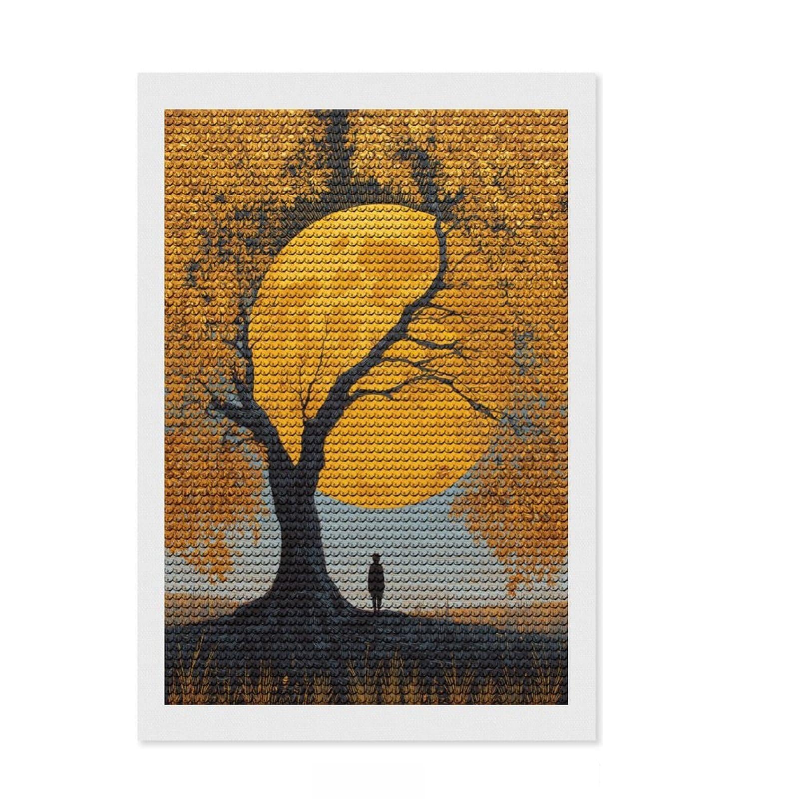 Junmoney Golden Moonlit Tree Diamond Painting Canvas Set 8"x12", Living Room Decor, for Adults, Stress Relief Craft, Festive Craft Gift