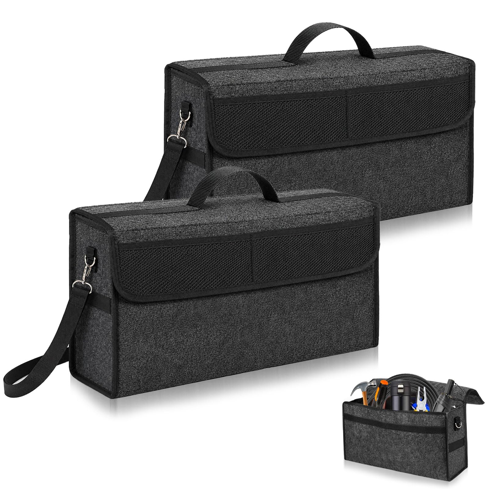 2 Stück Auto Organizer Toolbag, 45 x 15 x 24 cm Kofferraumtasche Toolbag, Kofferraum Organizer aus Filz mit Tragegriff und verstellbare Schulterriemen, Auto Kofferraumtasche für alle Fahrzeuge