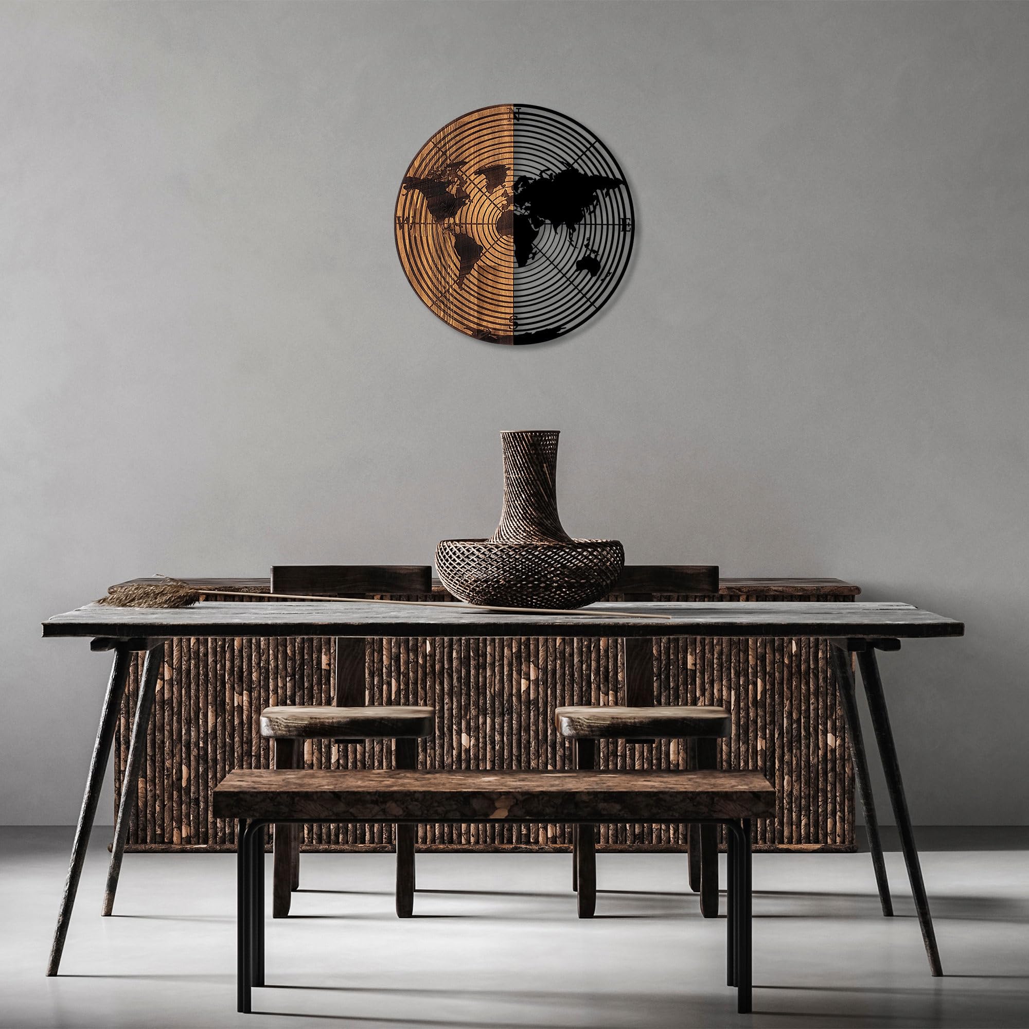 Elegant Decorative Wooden Wall Accessory, 56 cm Diameter, 50% Wood (3 cm) & 50% Metal (1.5 mm), Black & Walnut Finish, Unique Colour Variations