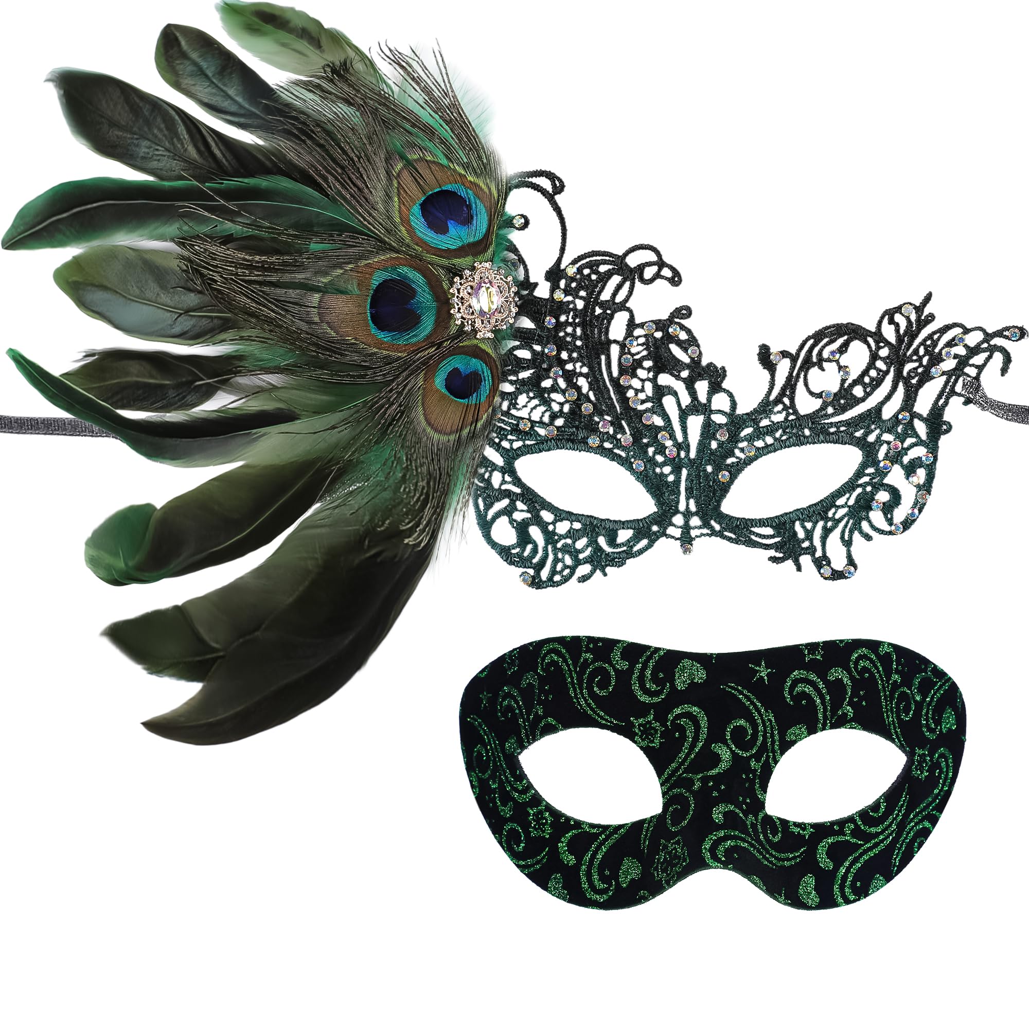 ETOFETE 2 Pcs Couples Masquerade Masks for Women Men - Halloween Lace Feather Half Face Masks and Venetian Party Mask Set Face Cover