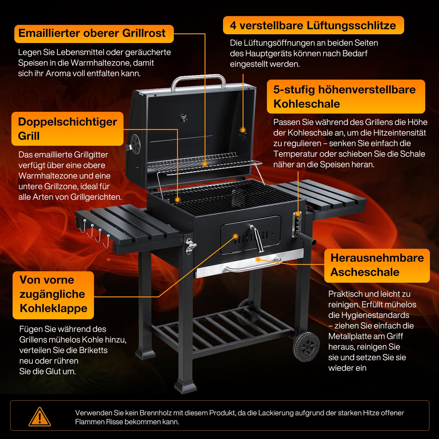 Barbecue XXL con coperchio e ruote, con doppio ripiano pieghevole, gancio, termometro, griglie, ecc, barbecue da campeggio e affumicatore, colore: grigio