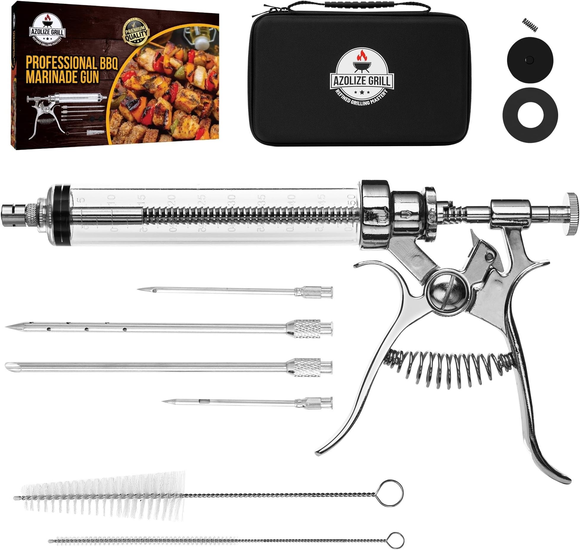 Azolize Professional Automatic BBQ Meat Marinade Injector Gun Kit | 4 Commercial Grade Marinade Needles and 2 oz Large Capacity Barrel | Automatic Handle for Marinade Injecting BBQ, Pork, Brisket