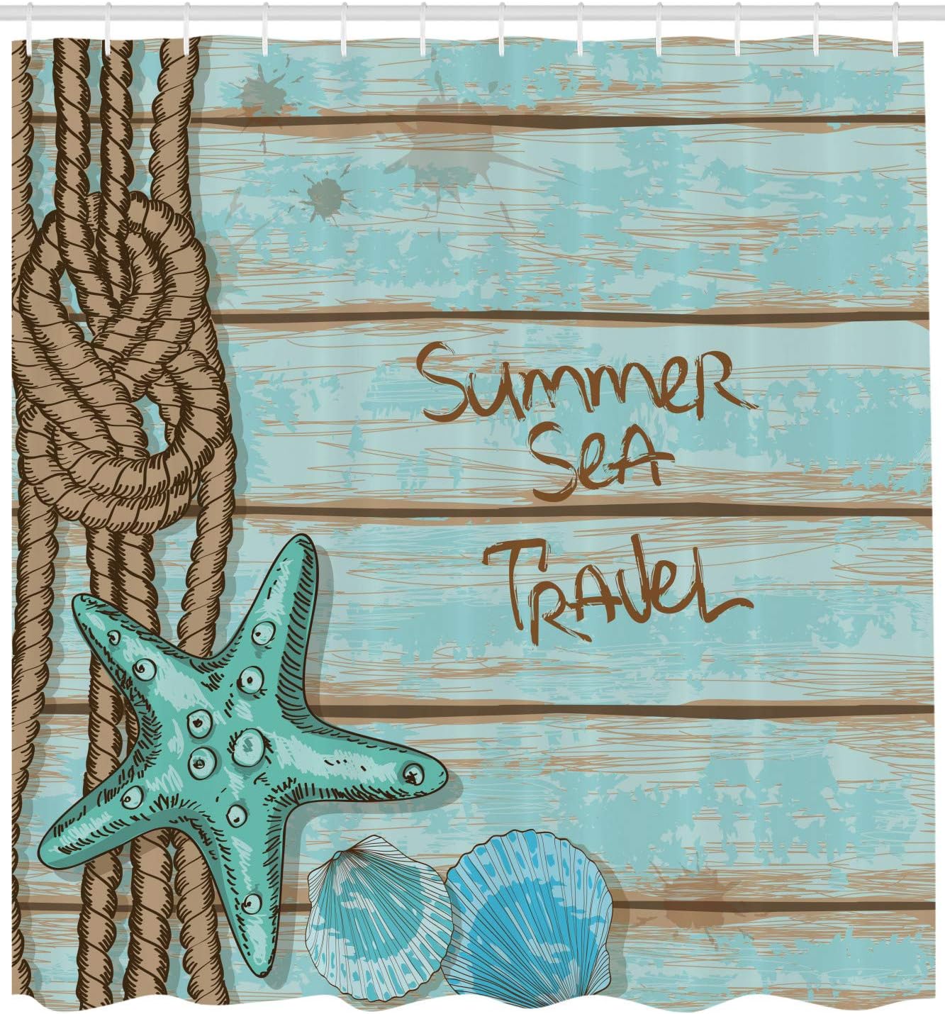 Ambesonne Starfish Shower Curtain, Summer Season Sea Travel Retro Boards of Ship Deck Scallops, Cloth Fabric Bathroom Decor Set with Hooks, 69" W x 75" L, Mint Green