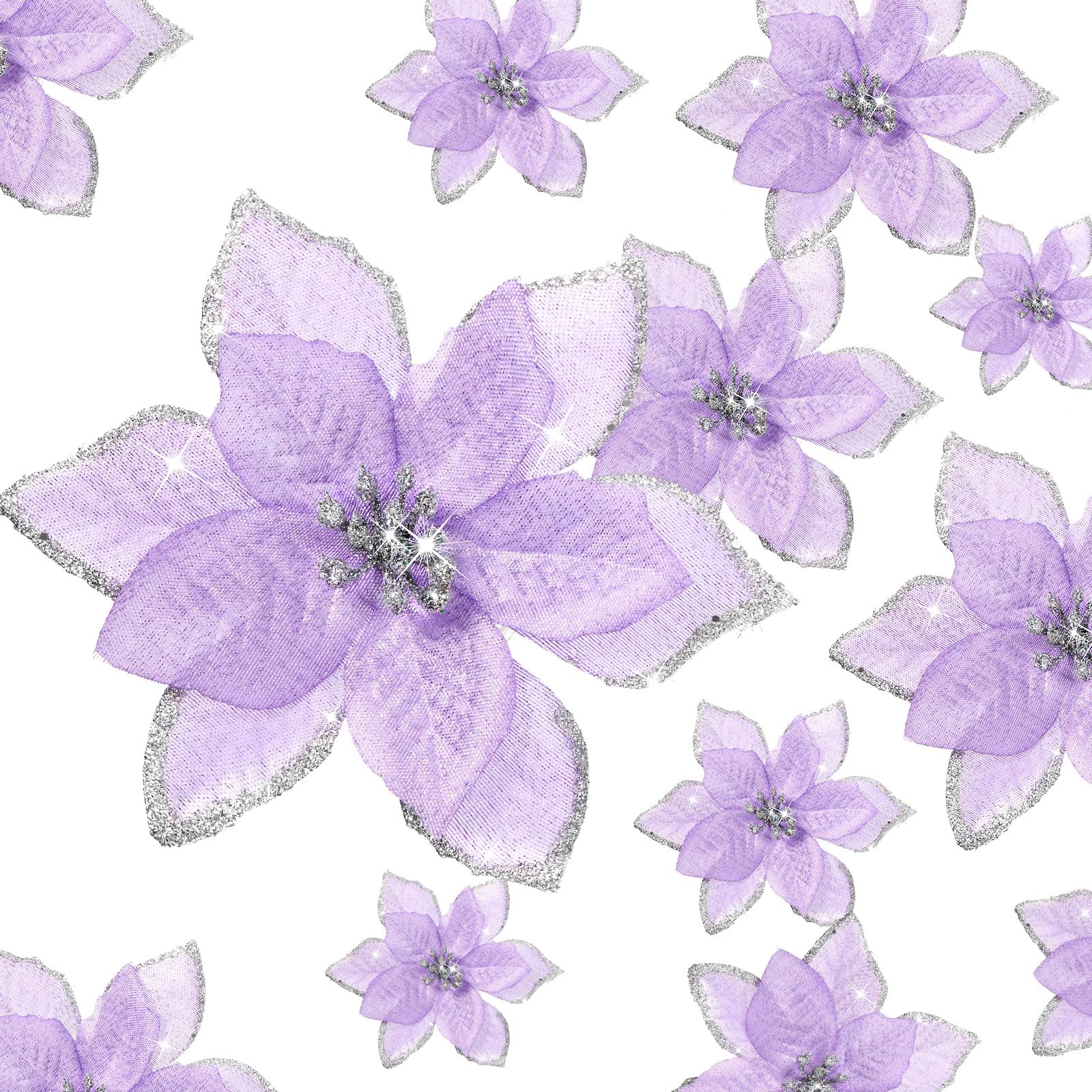 Crowye 36 flores de Pascua artificiales con purpurina de 3 tamaños, flores de Pascua artificiales para Navidad, Año Nuevo, decoración del hogar al aire libre, 4, 6 y 9 (morado)