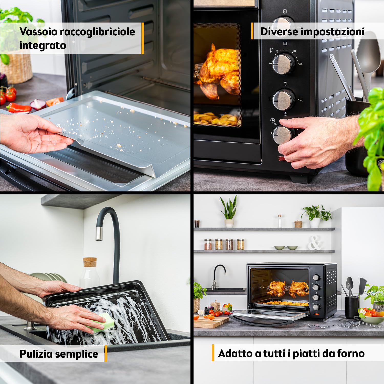 TZS First Austria - Mini Forno 60L 2000W - Fornetto spazioso per pizza con temperatura fino a 230°C e 6 modalità - Con timer di 60 min, 4 altezze di inserimento, teglia, griglia e spiedo rotante