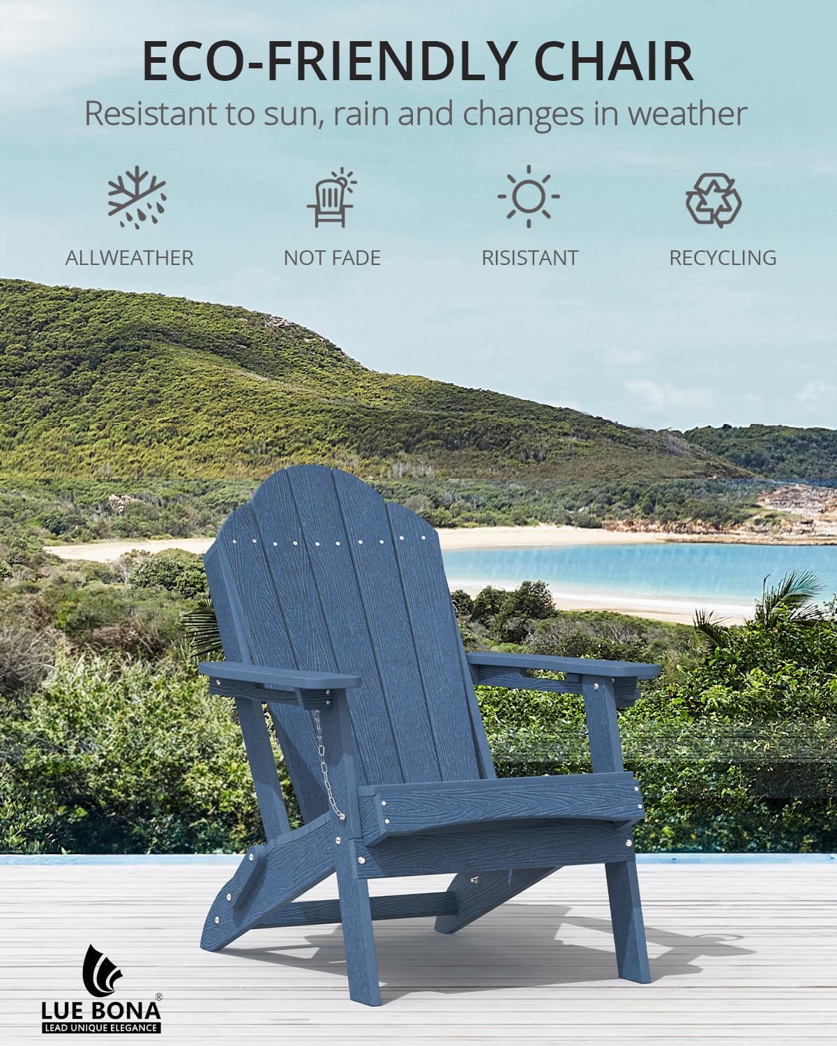 LUE BONA Folding Adirondack Chair, Chairs Set of 4, Cup Holder, Woodgrain, Fire Pit, Patio, Pool, Blue