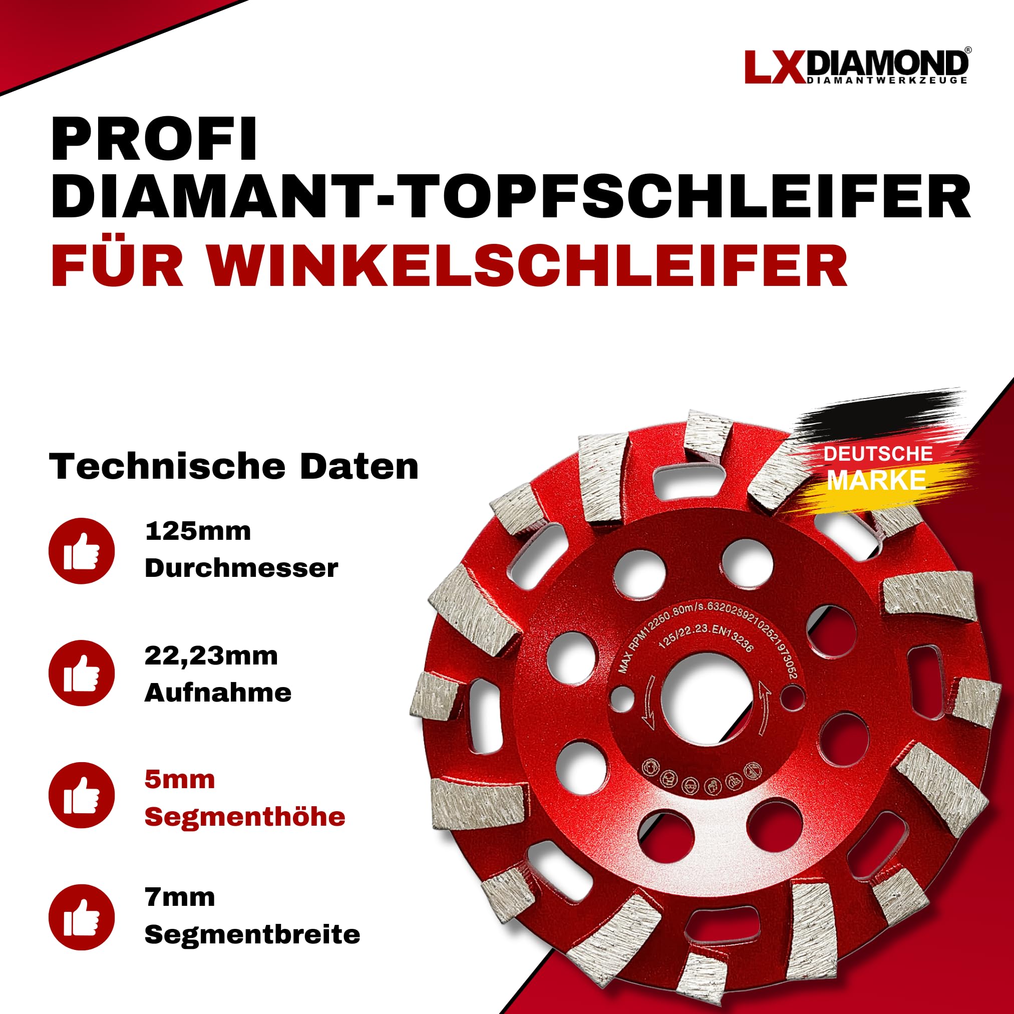 PKD PCD Diamant Schleiftopf 125mm, Diamantschleiftopf Schleifscheibe Fur Winkelschleifer 4 Segmente Schleifteller Topfschleifer Zum Granit Naturstein Stein Mauerwerk Fliesenkleber Beton 87145310