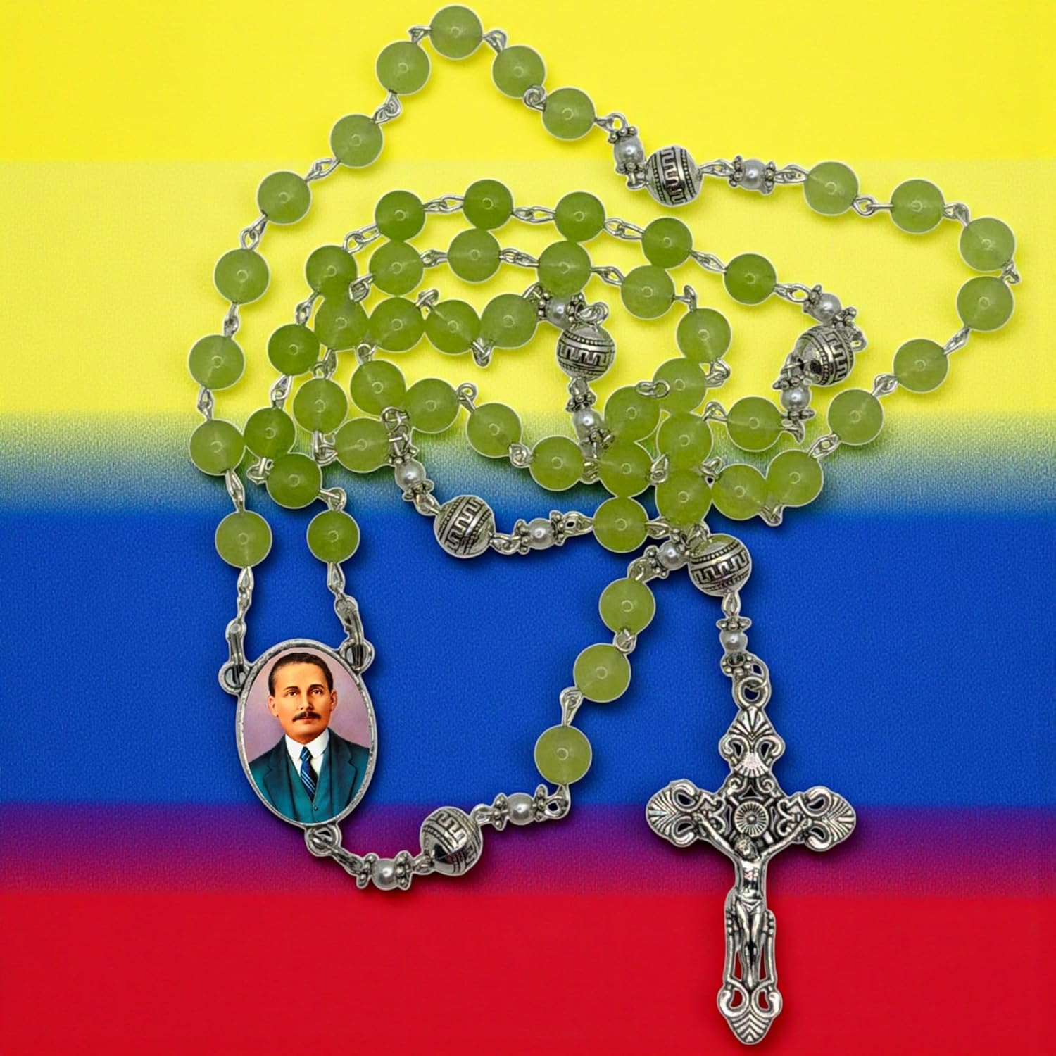 Jose Gregorio Hernandez Medico Venezolano Seafoam Green Rondelle Beads Rosary with Silver Plated Crucifix and Pater Noster Bezel Medal Color Centerpiece Includes a Prayer Card Imported