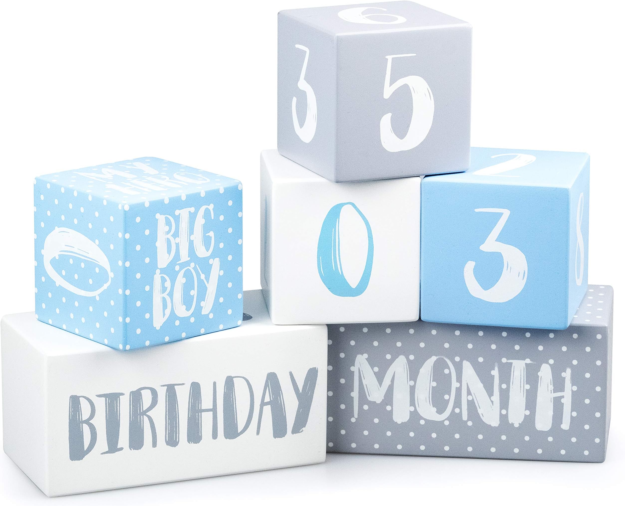 Premium Baby Boy Monthly Milestone Age Photo Blocks | Wooden Double Set for Week, Month, Year, Pictures, All Numbers 1-100 + Quotes | Unique Baby Shower, Newborn Gift, Infant Photo Sharing Prop
