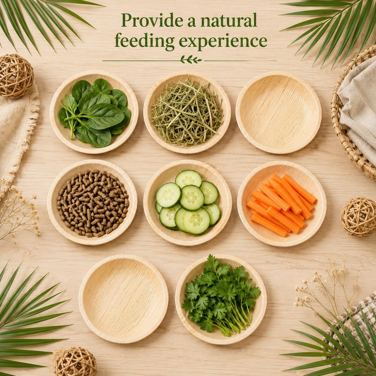 50 Pack Round Bamboo Bunny Bowls for Small Pet Feeding | Natural 4 in bamboo dishes, disposable chewable feeding bowls for rabbits, bunnies and small pets