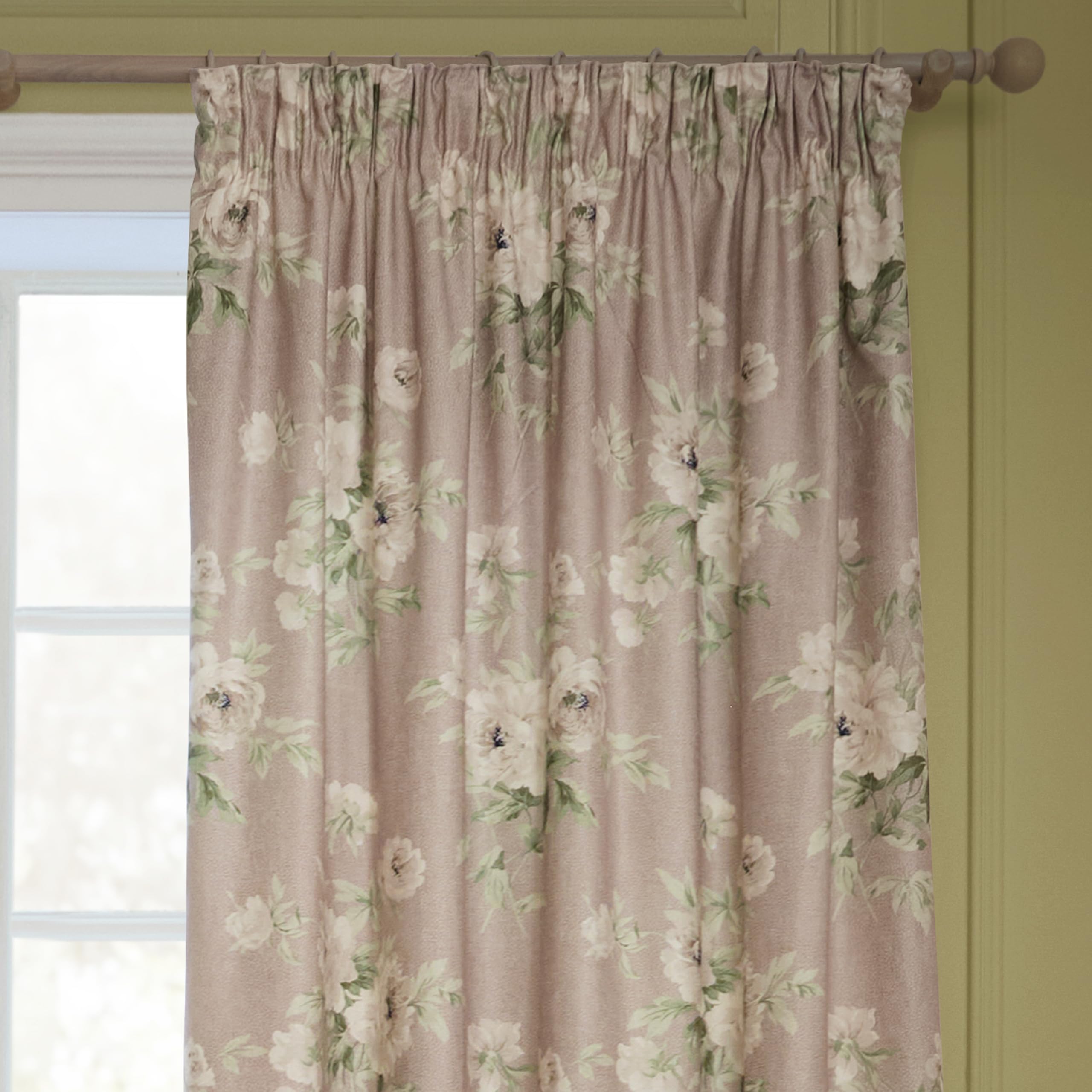 Sanderson Adele Room Darkening Pencil Pleat Curtain Pair - Botanical Floral Peony Lined Chenille Drapes (Rose - 117x137cm) - Image 2