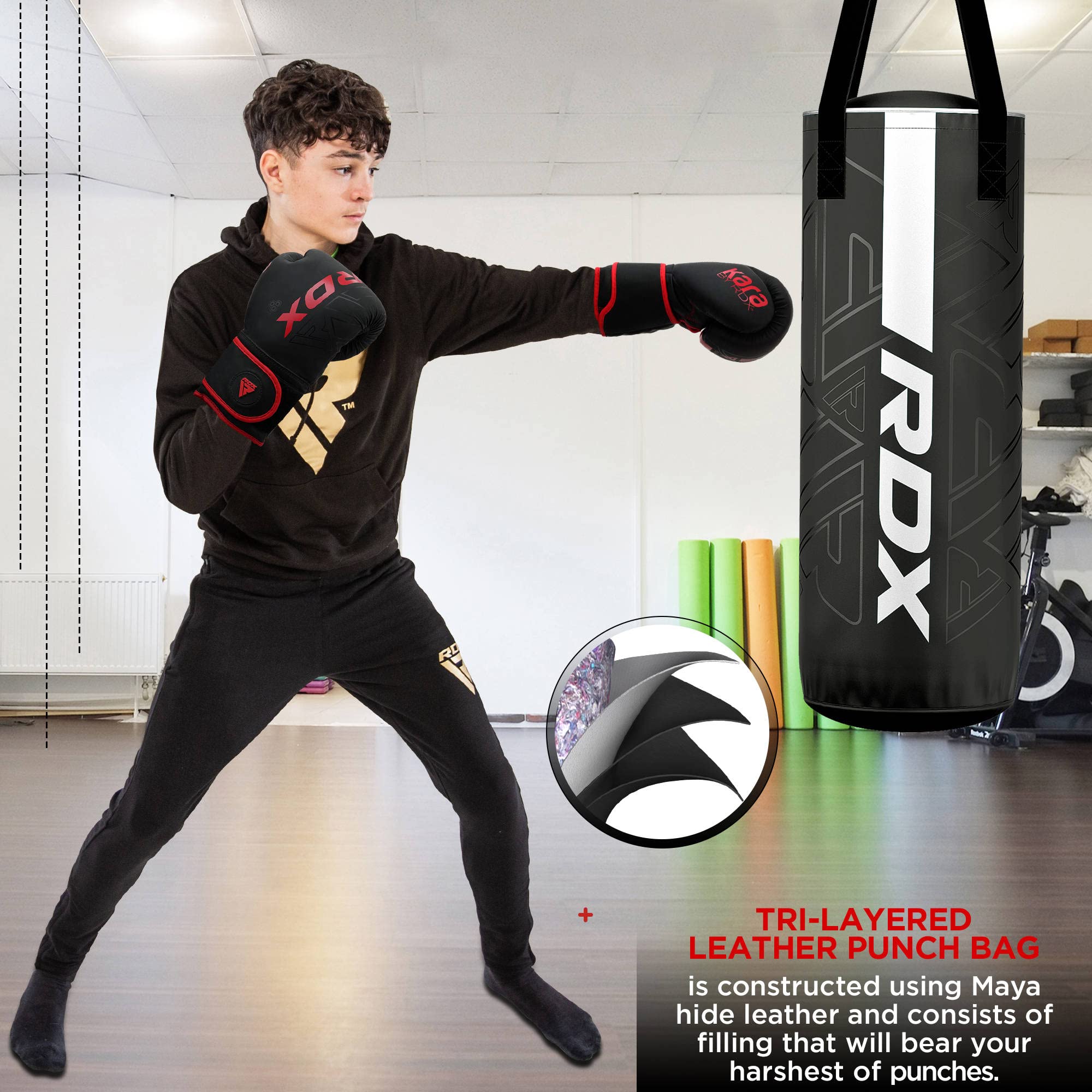 RDX Gefüllt Boxsack Kinder,60 cm Hängend Box Set Für Boxen Kickboxen MMA Muay Thai Karate, Punchingsäcke für Jungen Mädchen, Maya Hide Leder Kids Punching Bag
