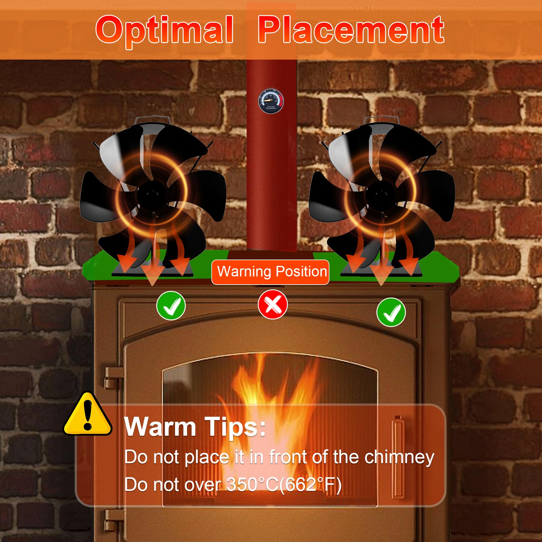 Ventilador de estufa de 6 hojas sin electricidad – Ventilador de chimenea con termómetro, funcionamiento silencioso, compatible con estufas de leña, chimenea y pellets