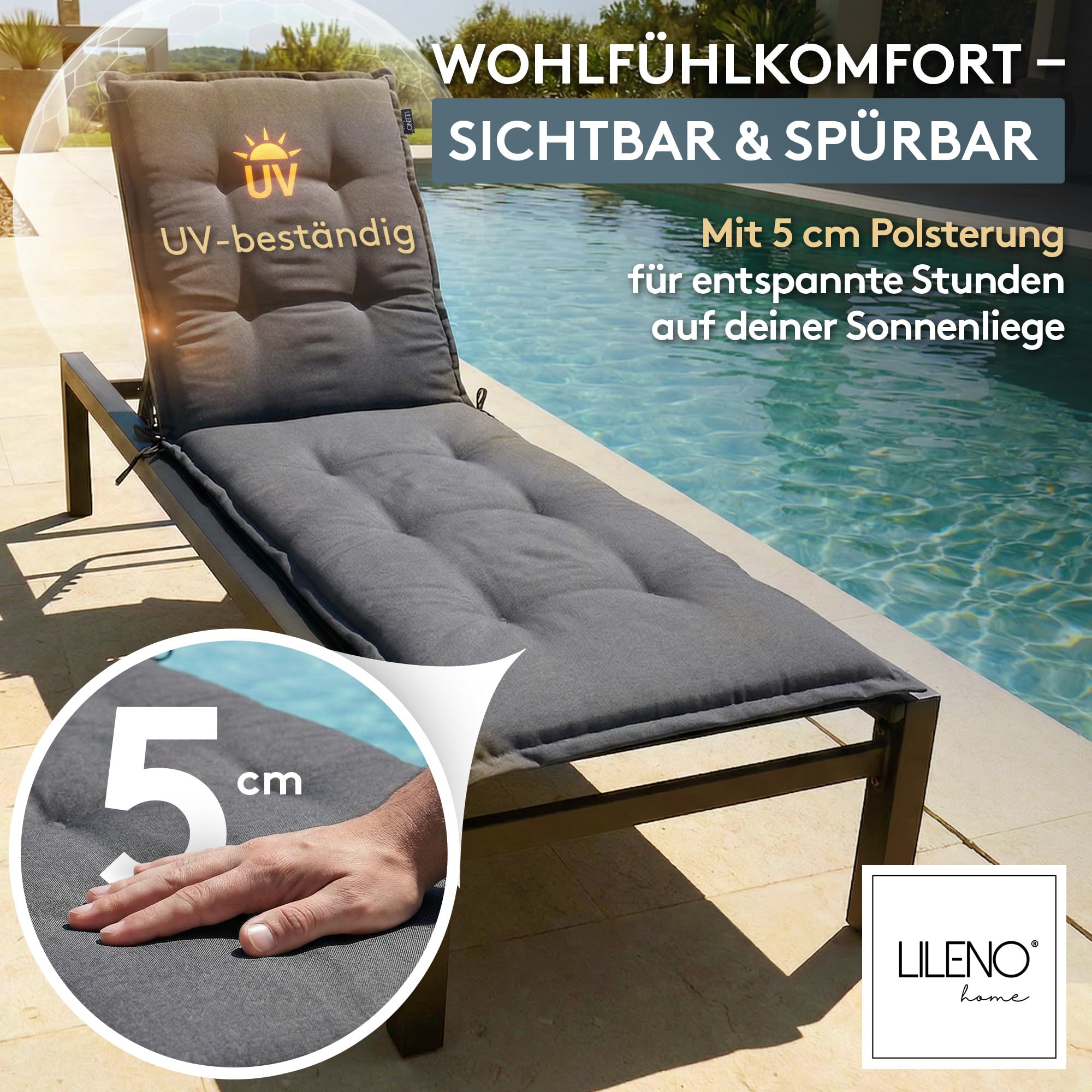 LILENO HOME Sonnenliege Auflage als 1. Set - Rollliege in Uni Anthrazit - Gartenliegen perfekt für Strandliege - Polster Auflage