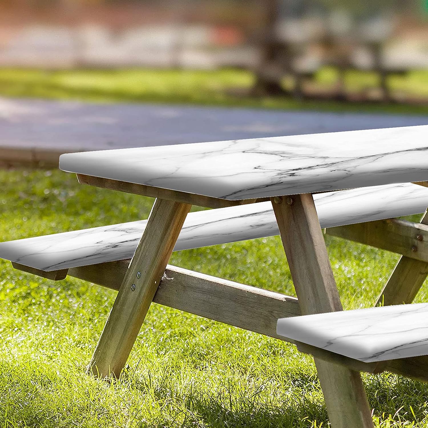 Iuvolux Marble Fitted Tablecloth 6ft, Elastic Edged Picnic Tablecloth and Bench Covers, Marble White and Gray Chic 3D Crack Brick, 3 Pieces Set, Table Cover for Indoor/Outdoor Picnic, BBQ and Dining