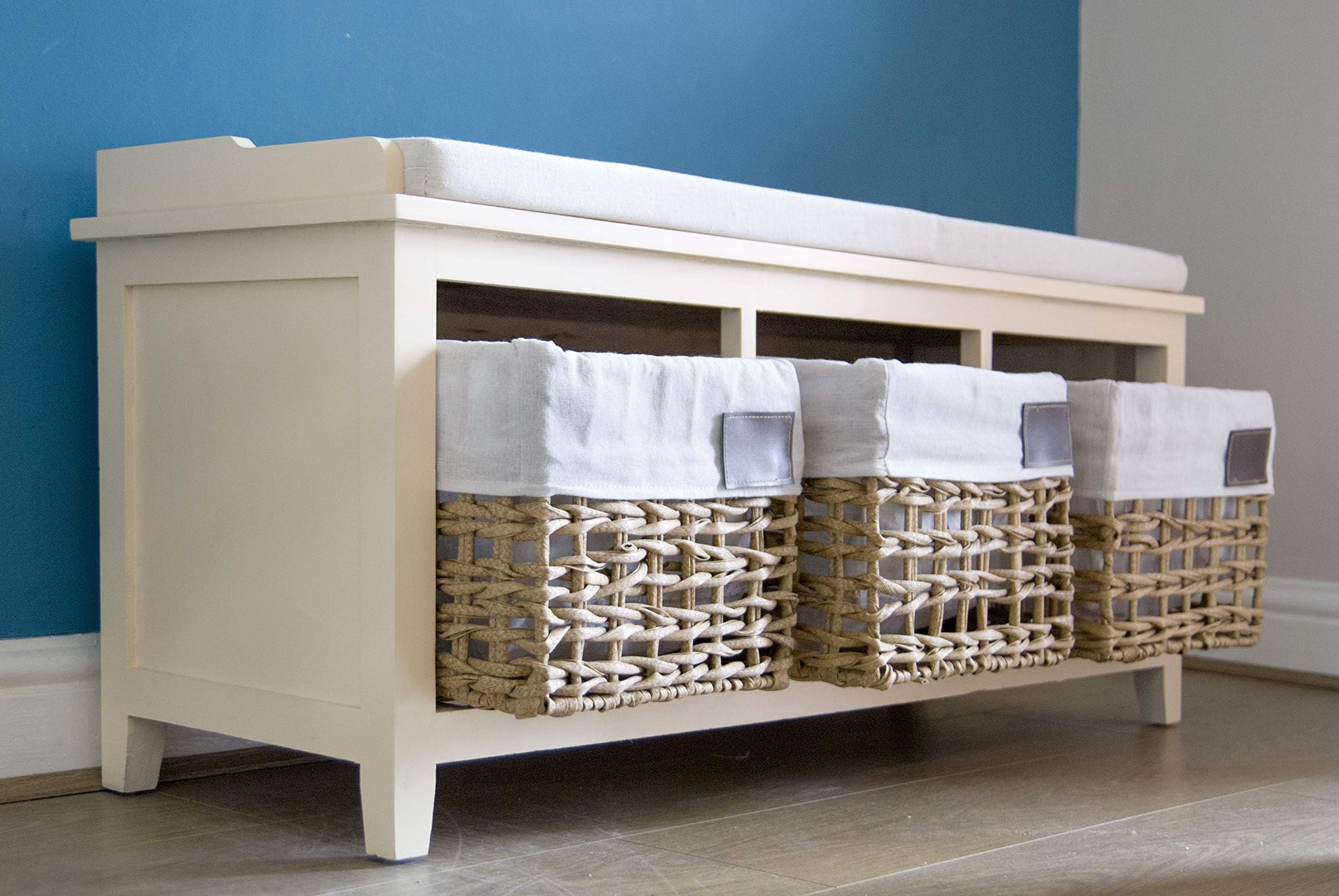 Storage Bench Seat Cream Hallway 3 Drawer Wicker Basket Solid Wood 107 cm Long Fully Assembled