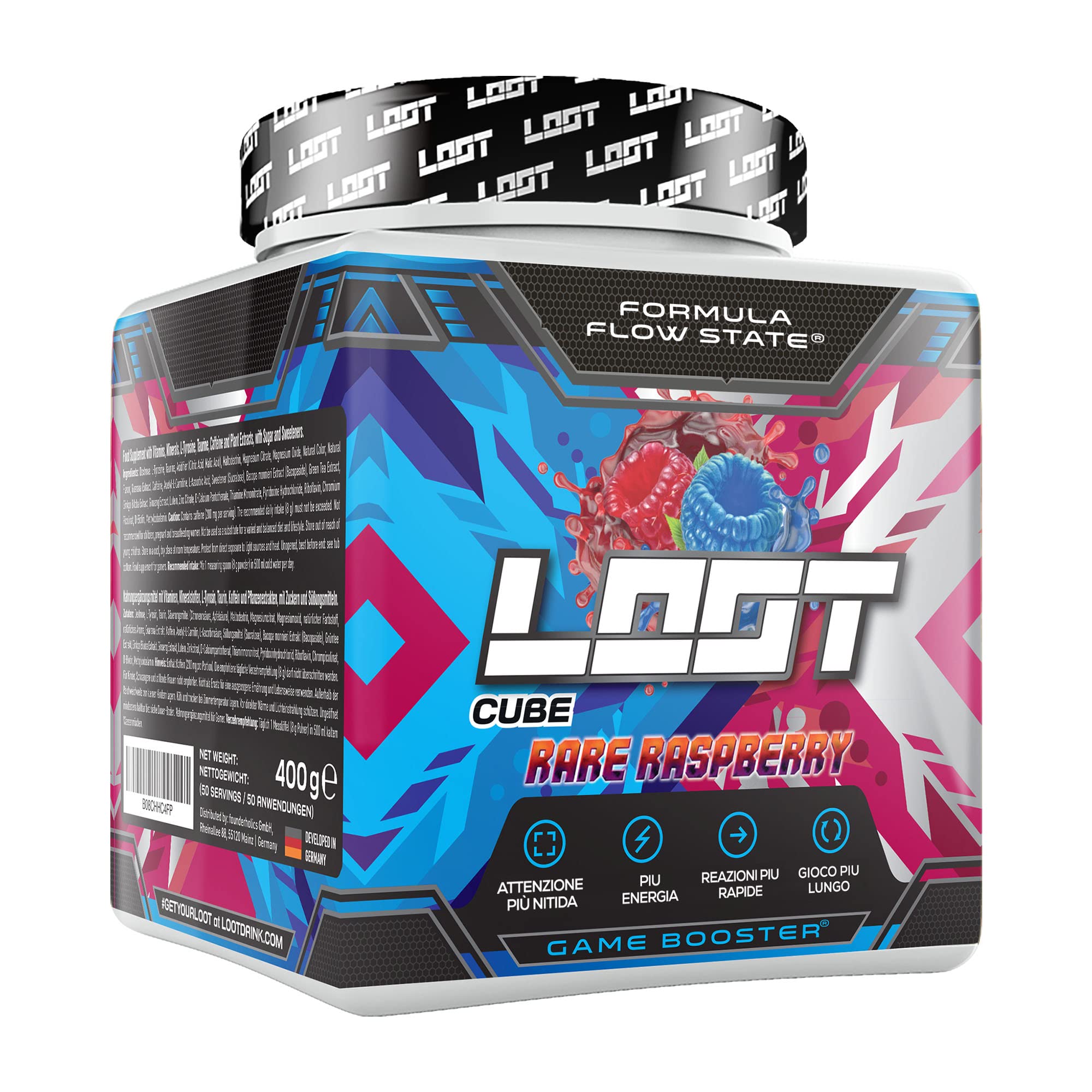 LOOT® - Booster di gioco premium con la formula Flow-State® | 50 porzioni (400g) con caffeina | 20 ingredienti ad alto dosaggio | Design unico | Concentrazione Resistenza Reattività | Lampone raro
