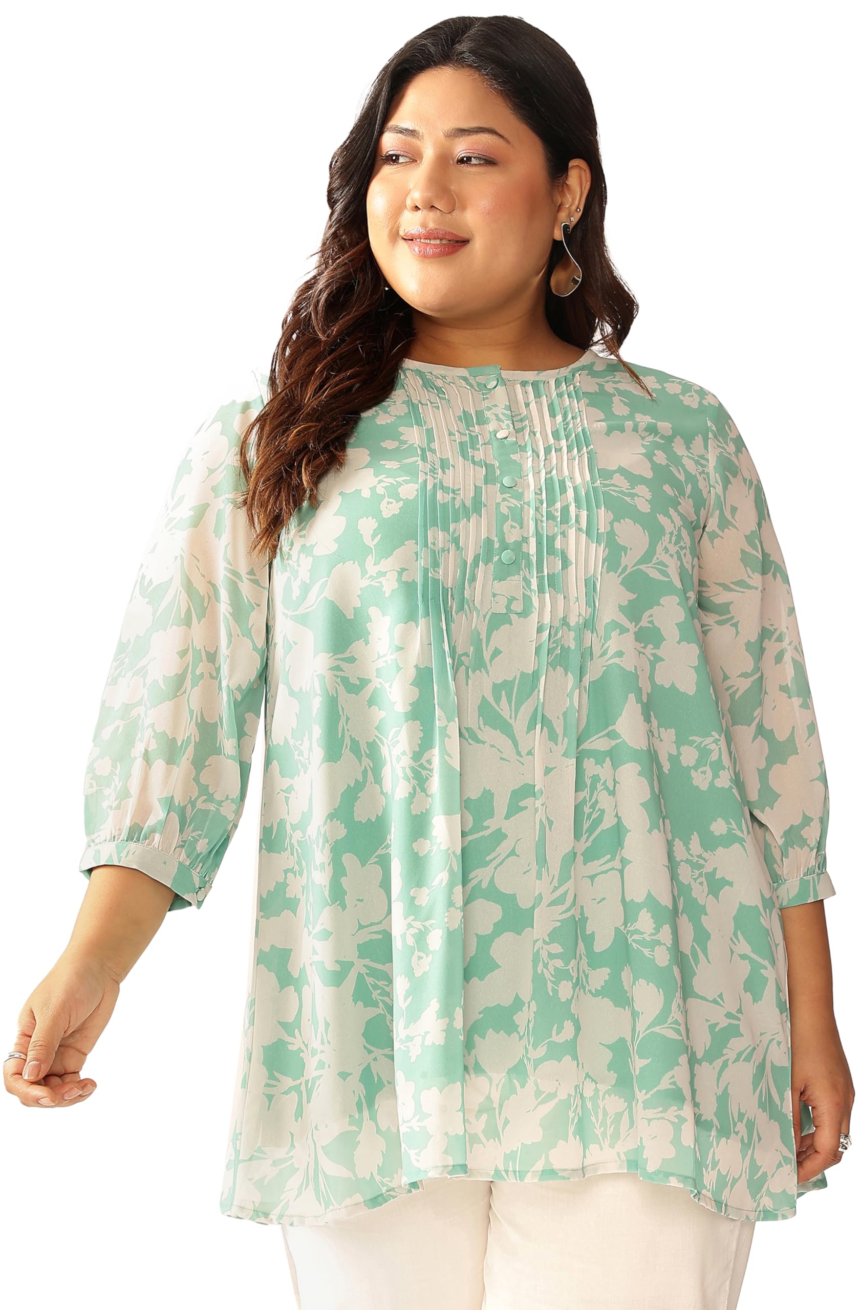 Women's Plus Size Green Georgette Floral Printed A-line Tunic
