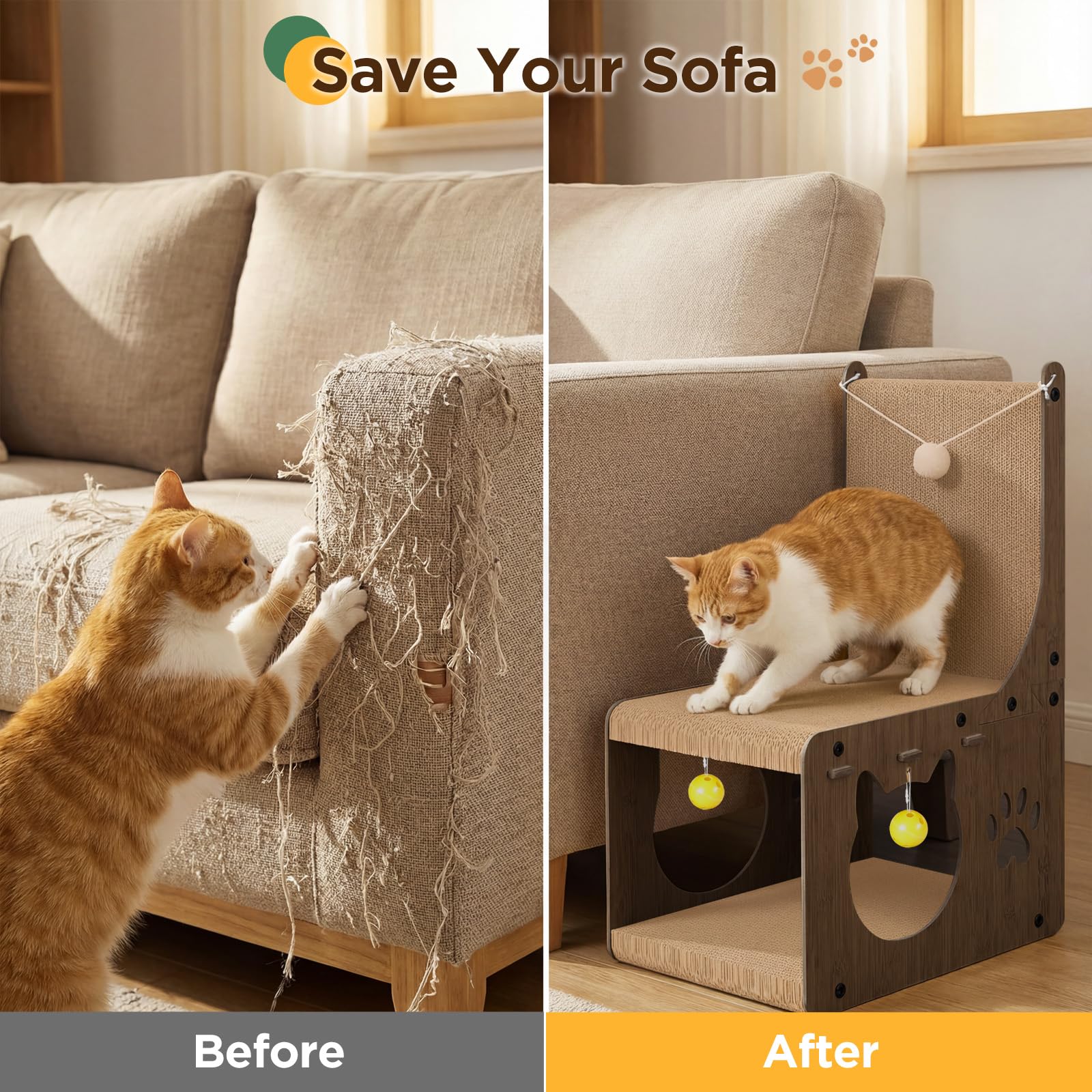 Gimars Rascador para Gatos en Forma de Silla – Cartón para Rascar, Alfombrilla y Tabla Interactiva con Pelotas y Túnel, Protector de Muebles para Gatos de Interior, Nogal