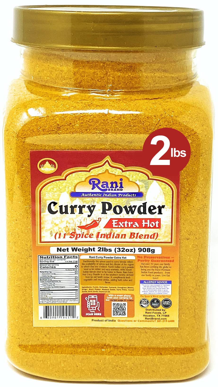 Rani Curry Powder EXTRA HOT (11-Spice Authentic Indian Blend) 32oz (2lbs) 908g PET Jar ~ All Natural | Salt-Free | Vegan | No Colors | Gluten Friendly | NON-GMO | Indian Origin