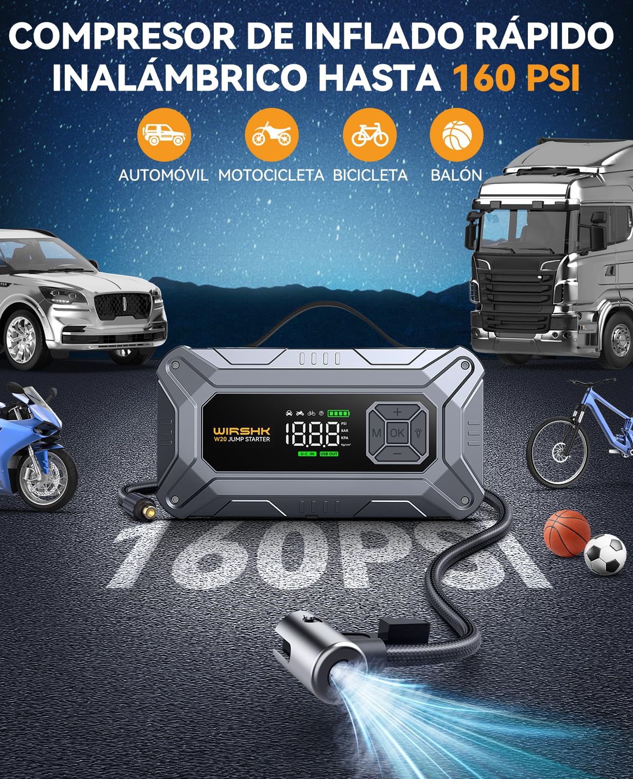Arrancador de Coche con Compresor de Aire, 8000A 160PSI Arrancador Portátil para Baterías (8.0L Gasolina/10L Diésel), Batería Externa 12V con Cables de Arranque, Pantalla LCD, 2 LED